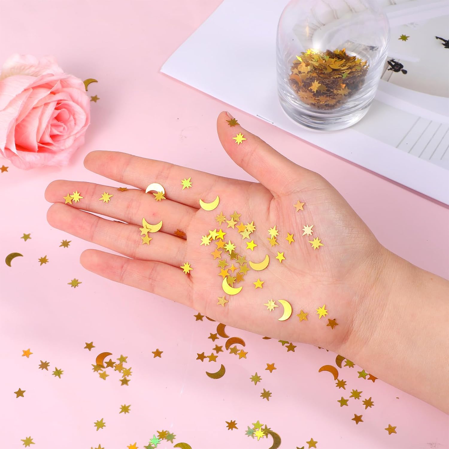 4000 Pcs Gold Star Confetti, Moon Confetti Sequin Holographic Metallic Moon Glitter Table Scatter Sprinkles for Wedding Birthday Party Festival Christmas Decorations, Festival, DIY
