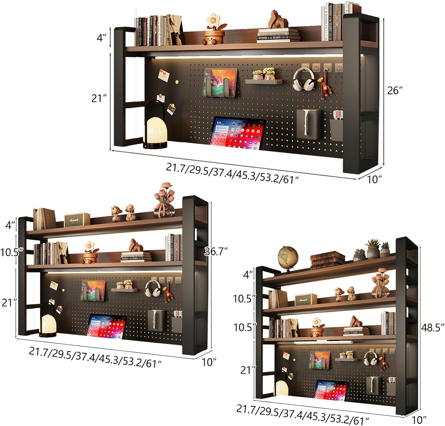 Desk Shelf Organizer with Pegboard & Storage Parts, 45kg Heavy Duty Desk Hutch, Desktop Storage Rack for Office & Home Office Shelves Black Shelf/Walnut Board (4-Tier) 29.5×10×48.5"