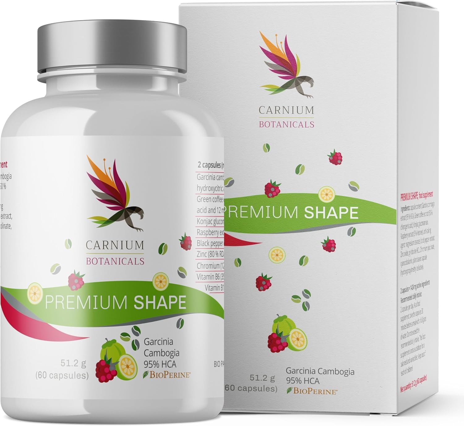 Carnium Botanicals Premium Shape – Glucomannan Kapseln, 60 Stück | Garcinia Cambogia, Grüner Kaffee, Schwarzer Pfeffer, Vitamine B12 & B6, Vegan und Glutenfrei