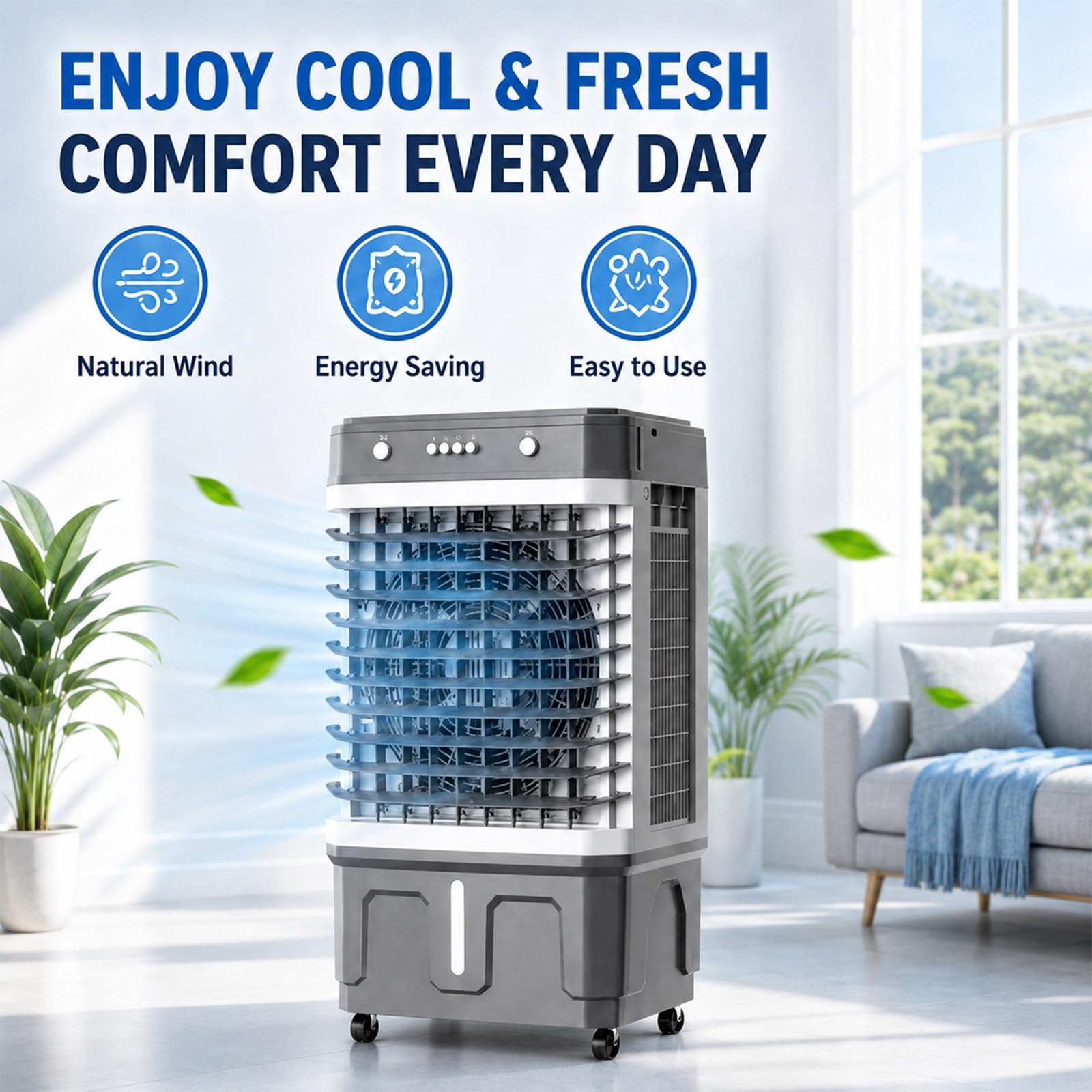 Aire Acondicionado Portátil Enfriador Evaporativo, con Oscilación De 120°, Sin Tubo, 3 Velocidades, Depósito De Agua De 20 L, Velocidad del Aire 6,6 M/S, para Habitación Y Oficina