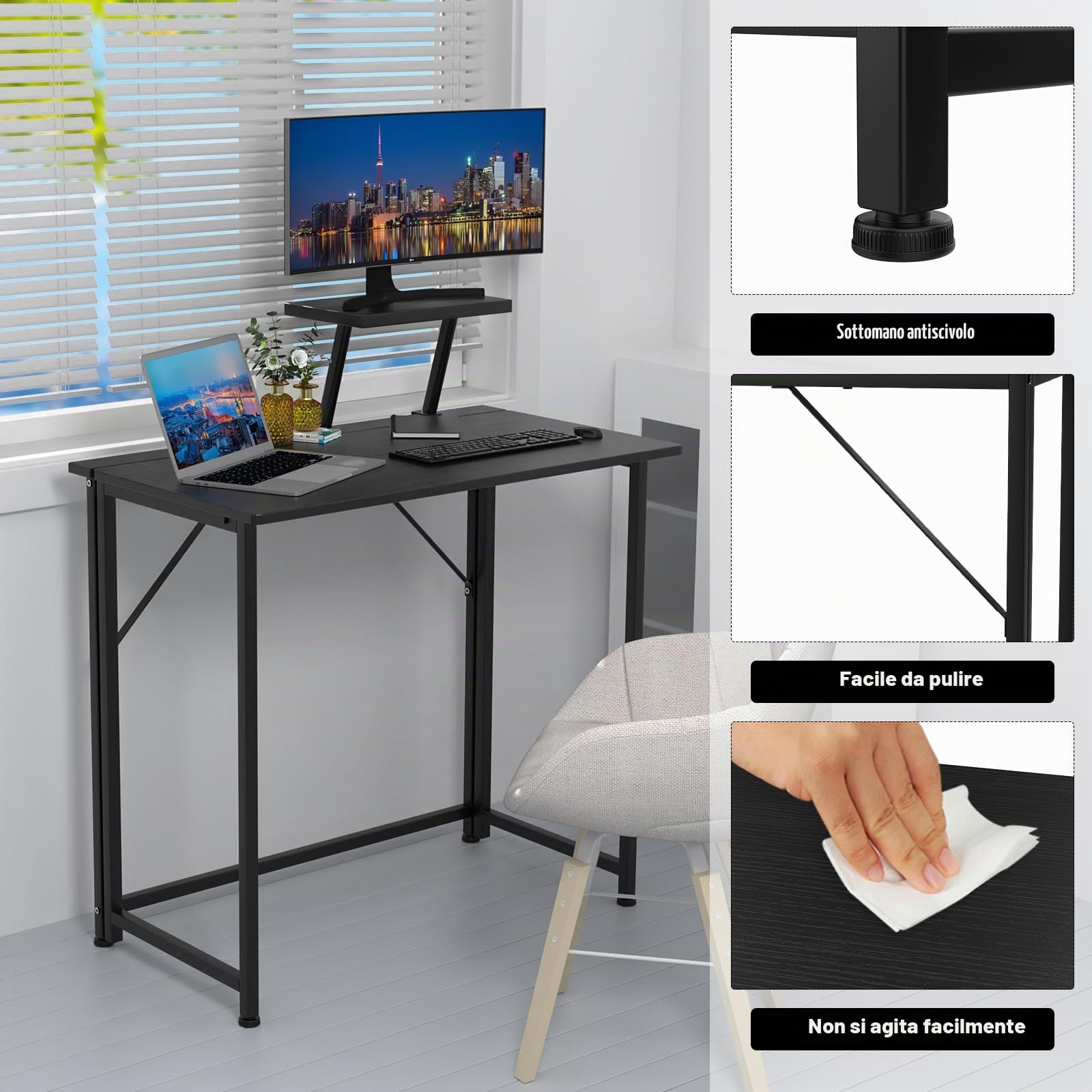 Scrivania Pieghevole per Computer Tavolo Pieghevole Salvaspazio con Supporto per Schermo Tavolino Pieghevole da Esterno Interni 80x45x75cm Postazione di Lavoro Nero per Ufficio Casa