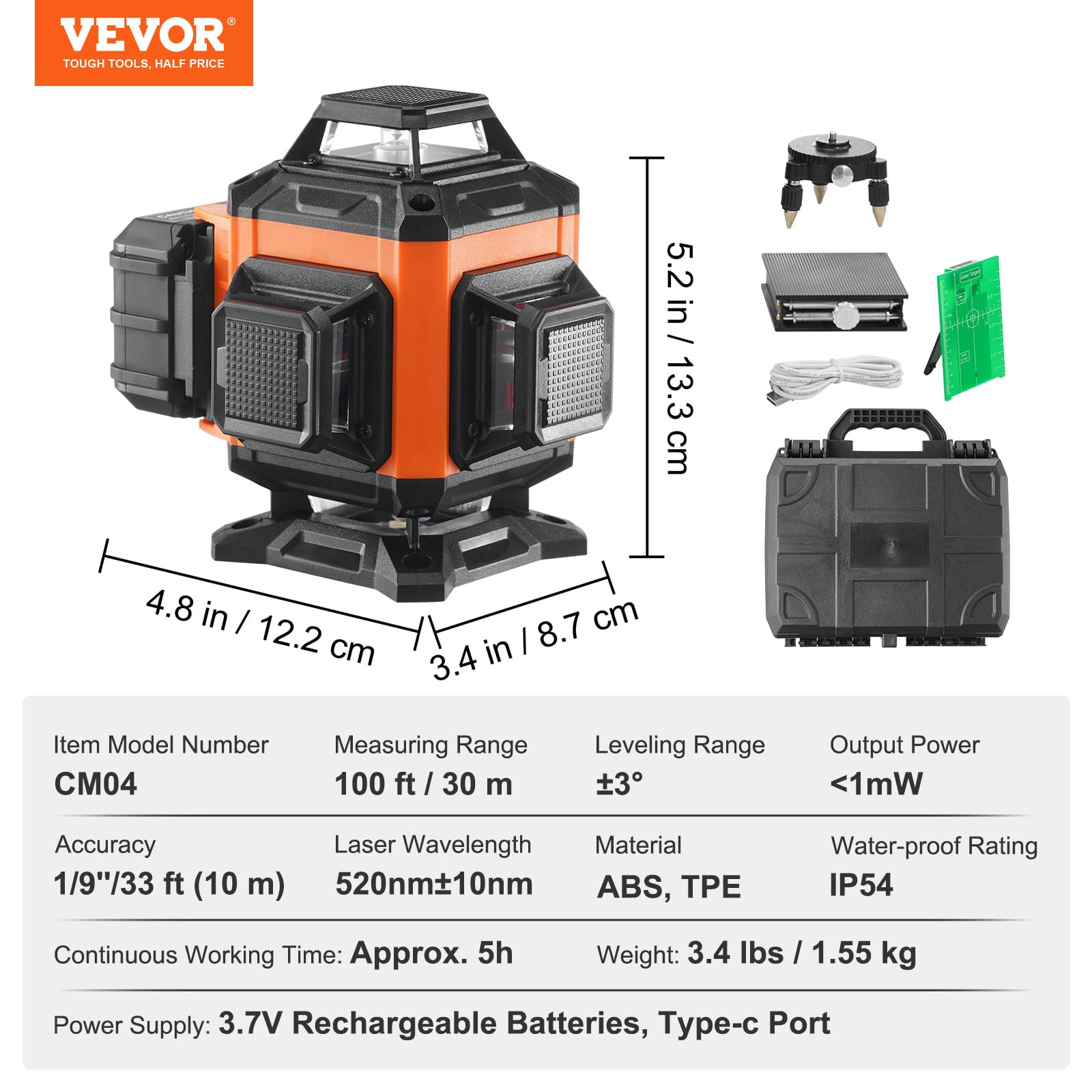 VEVOR Nivel Láser 360° x 4 16 Líneas Cruzadas Verdes 30 m Modo Autonivelante Manual Longitud de Onda 520 nm ± 10 nm Precisión 0,28 cm a 10 m Trabajo Continuo 5 h Con Batería