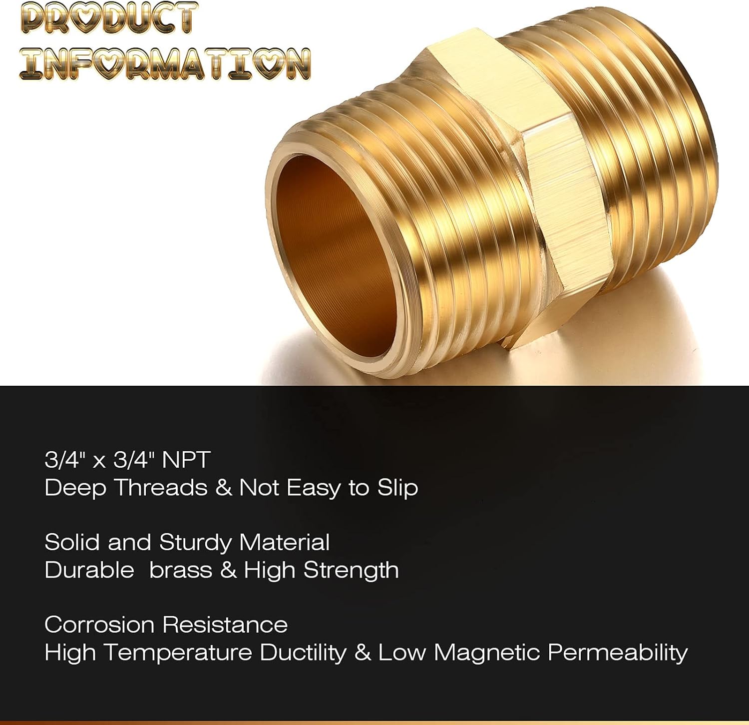 2 Pieces Brass Pipe Fitting 3/4 x 3/4 Inch NPT Brass Hex Nipple Male Pipe Adapter, Straight Connector Fitting
