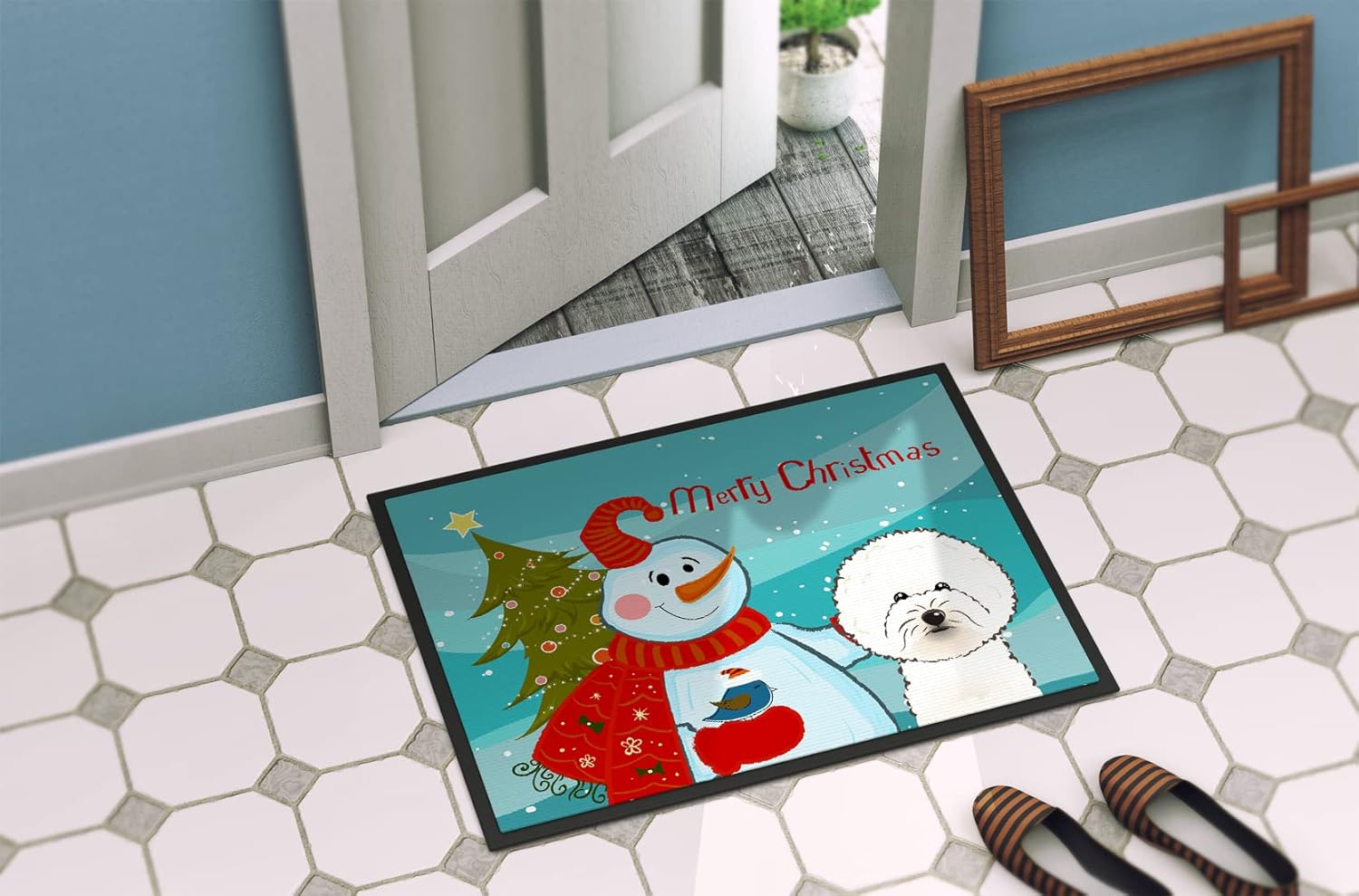 Caroline's Treasures BB1837JMAT Snowman with Bichon Frise Doormat 24x36 Front Door Mat Indoor Outdoor Rugs for Entryway, Non Slip Washable Low Pile, 24H X 36W