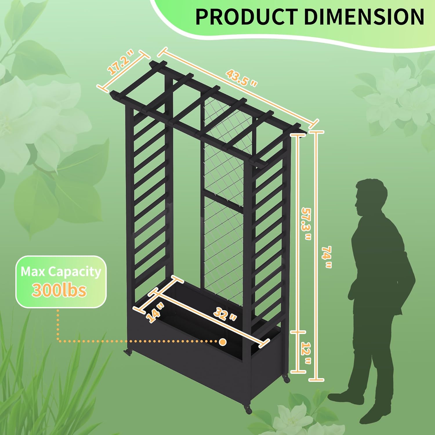 Raised Garden Bed with Trellis & Hanging Roof, Weatherproof Metal Planter Box with Wheels, Garden Arch Trellis for Outdoor Climbing Plants Vines Flowers, 74" H x 44" L x 17" W, Black