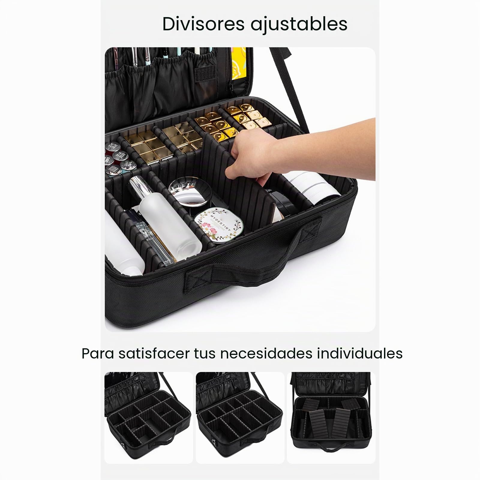 Bolsa de Neceser Maquillaje Profesional Grande, Tela Oxford Organizador de Maquillaje, Mujer Maletin Maquillaje de Viaje con Gran Capacidad y Diseño Divisible, con Bandolera y 2 Capas, Negro