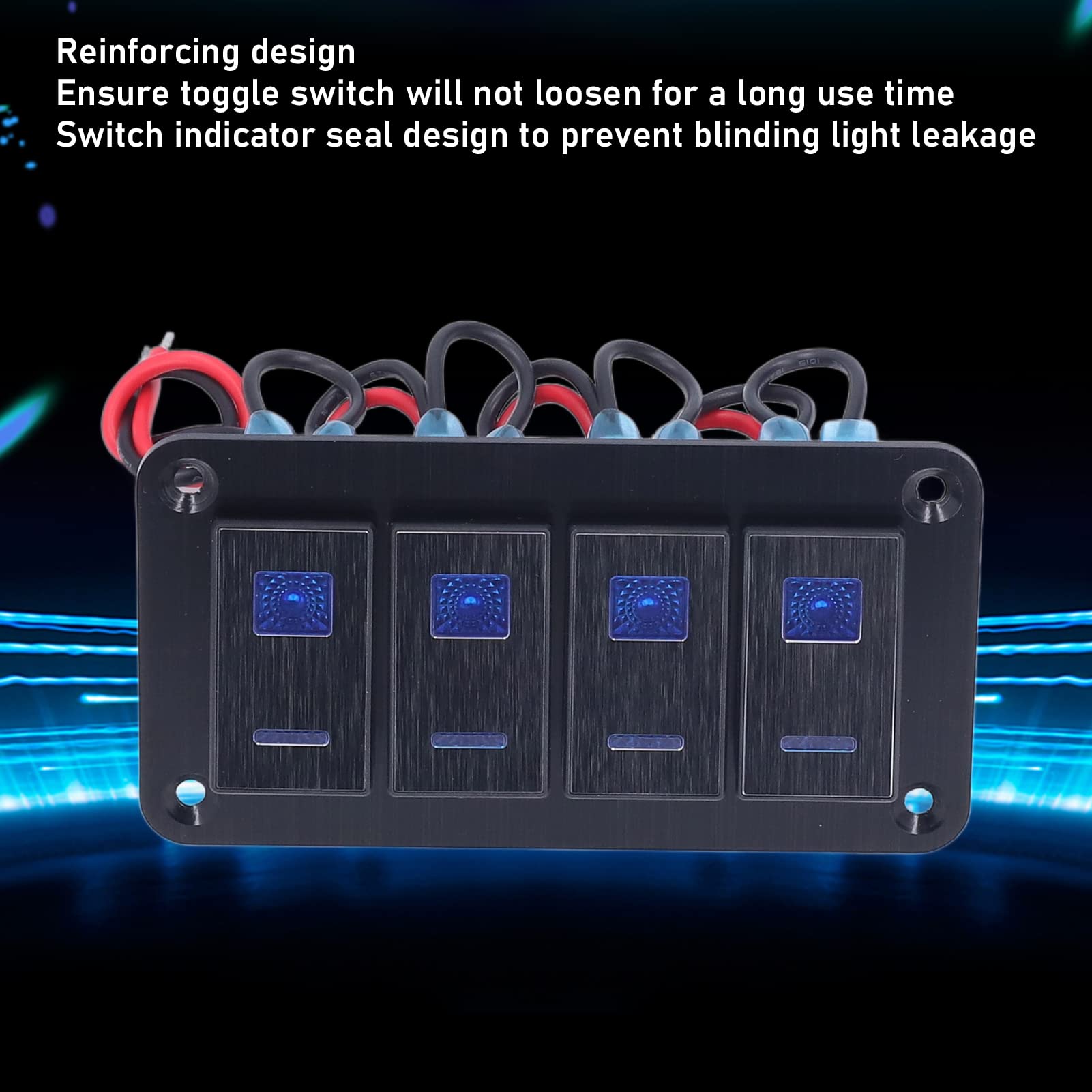 4-Gang-Wippschalter-Panel-Kippschalter mit LED-Hintergrundbeleuchtung, Schutzart IP65, für Motorboote, Autos, LKWs, Yachten, Schwarzes ABS-Material