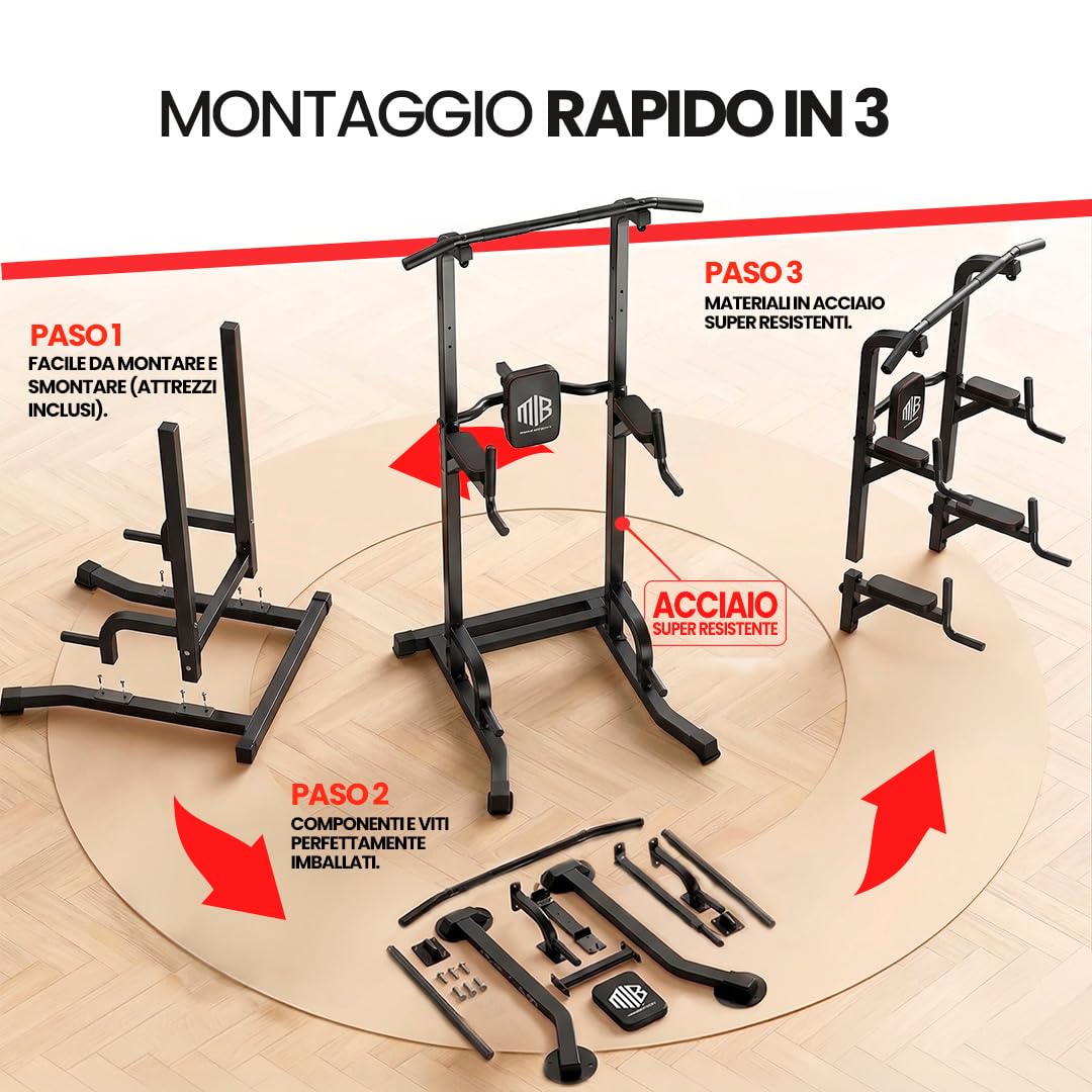 ManiBoom "ROCCIA SOLIDA" Barra Trazioni Autoportante (220KG) - Power Tower Regolabile (165-235cm) con Base Antiribaltamento per Calisthenics, Dips e Trazioni a Casa