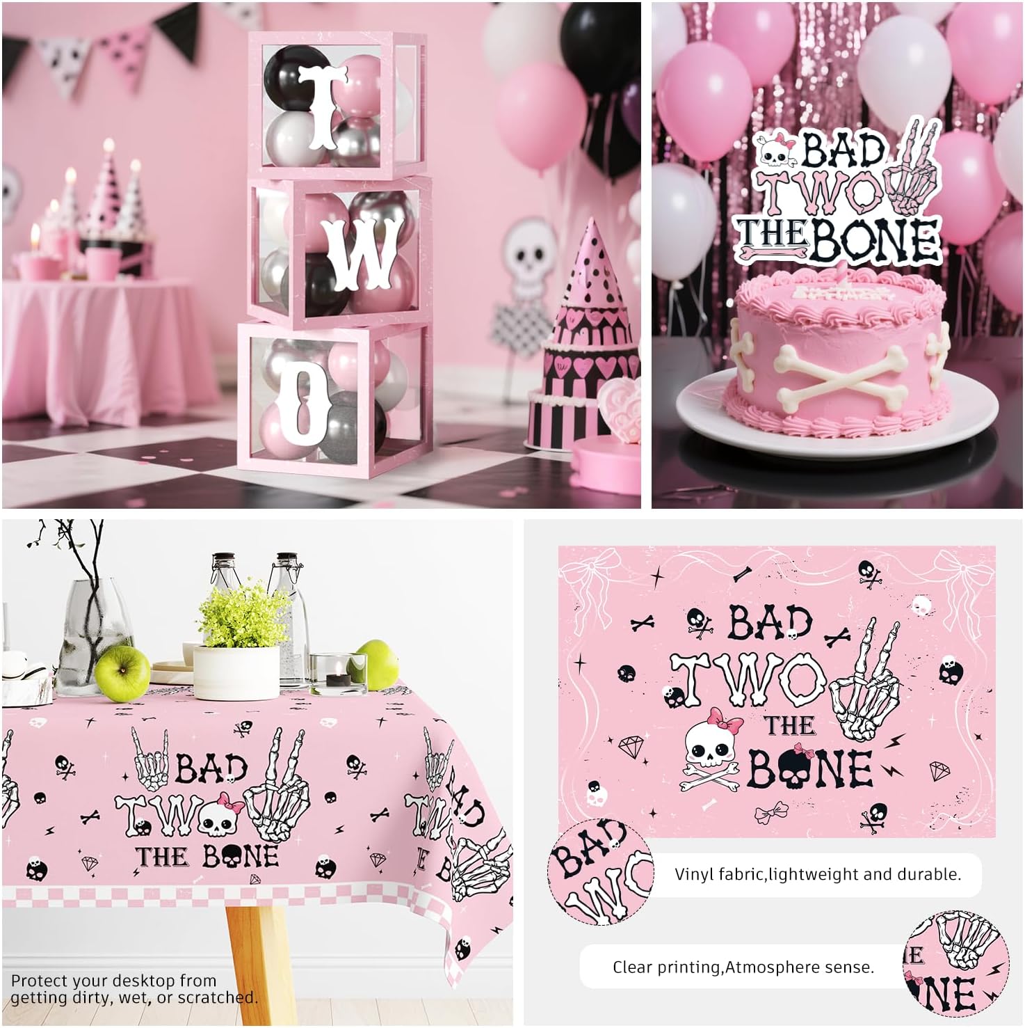 cocomigo 240pcs Bad Two The Bone Party Decorations Girl, Bad Two The Bone Party Decorations with 20pcs Plate Cup Backdrop Balloon Box 2pcs Tablecloth for 2nd Birthday Decorations for Girl