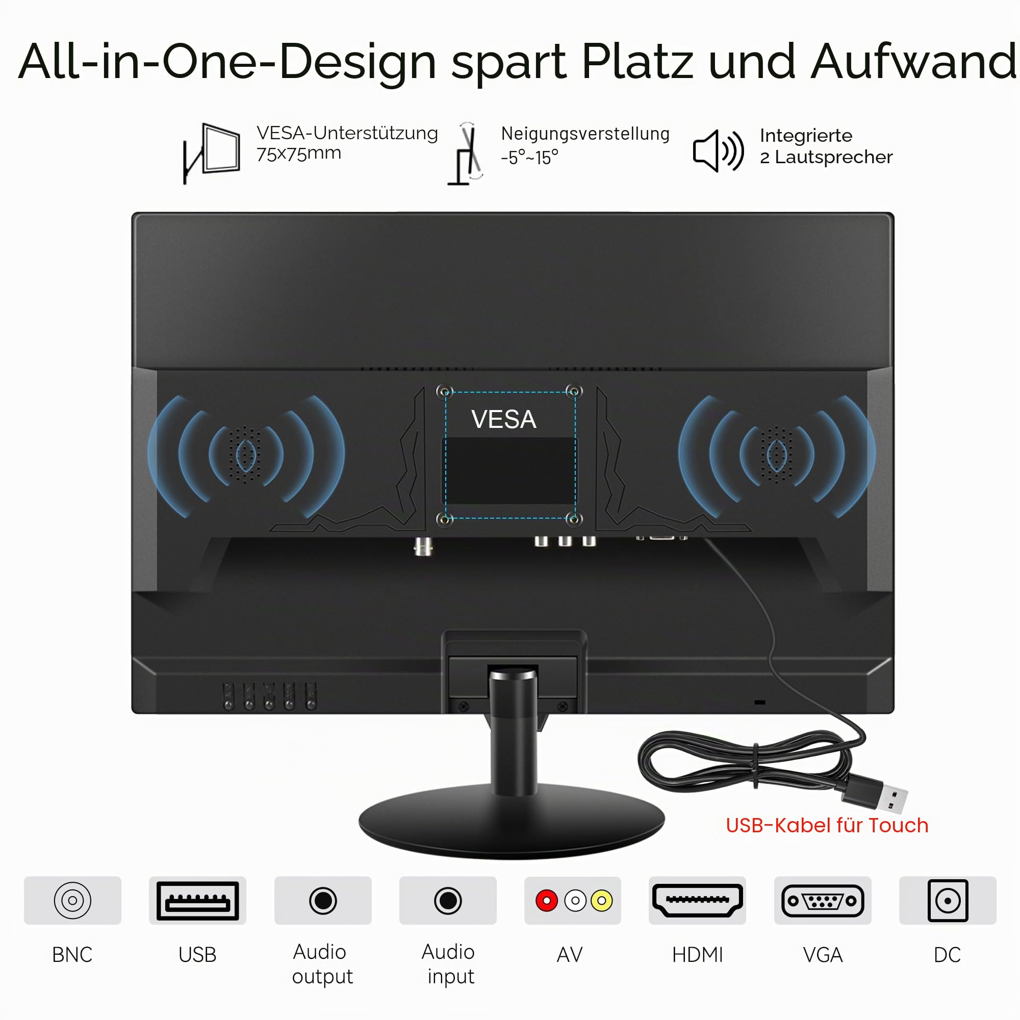 19 Zoll Touchscreen Monitor – 10-Punkt Multitouch, 1440x900 HD Bildschirm Display, HDMI VGA AV BNC USB, VESA, integrierte Lautsprecher – Computer Monitor für POS, Büro, Industrie