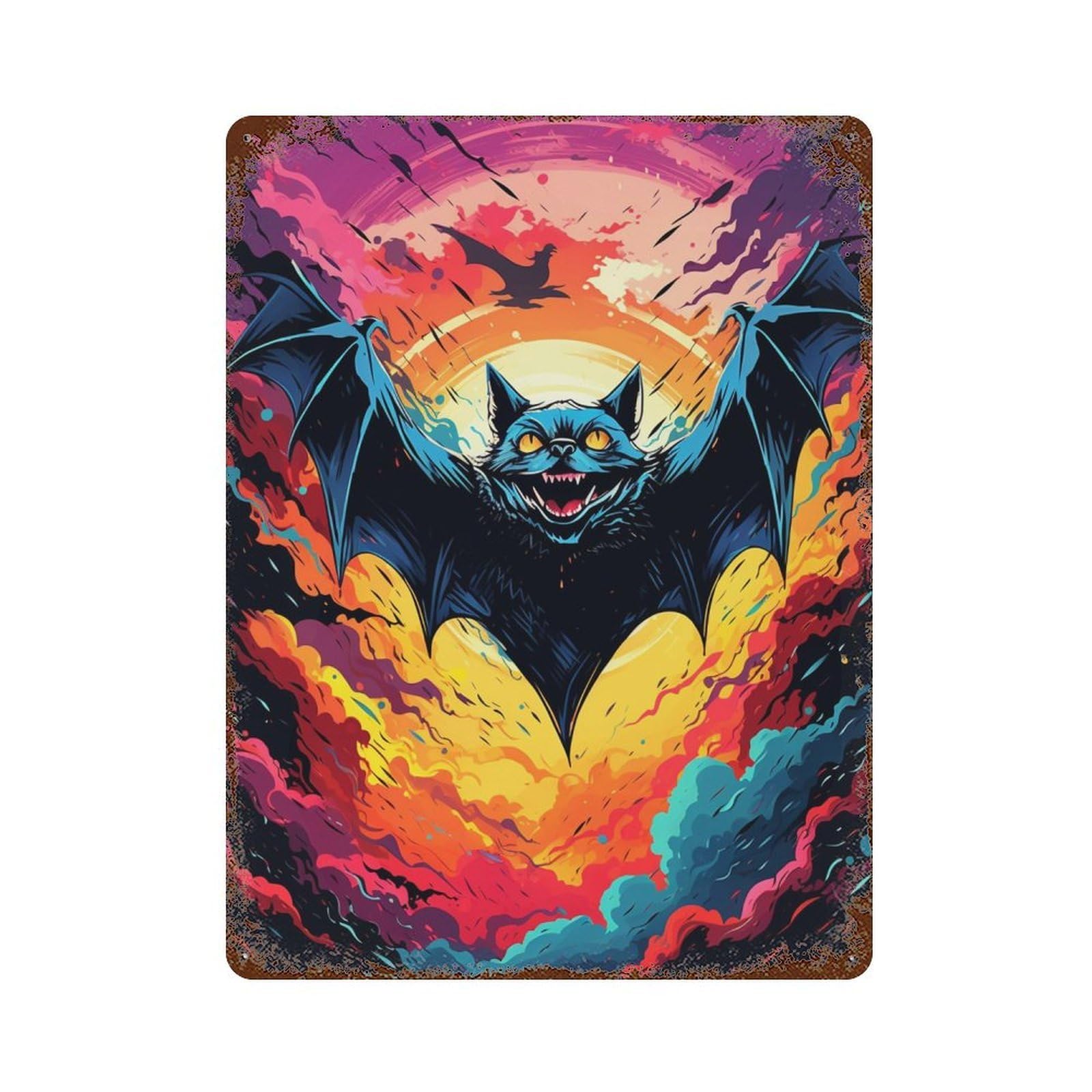 Colorful Bat Sunset Artwork Vintage Wall Sign 15.7"x11.8", Rust Effect Metal Decor for Shed, Workshop And Garage Wall Decor