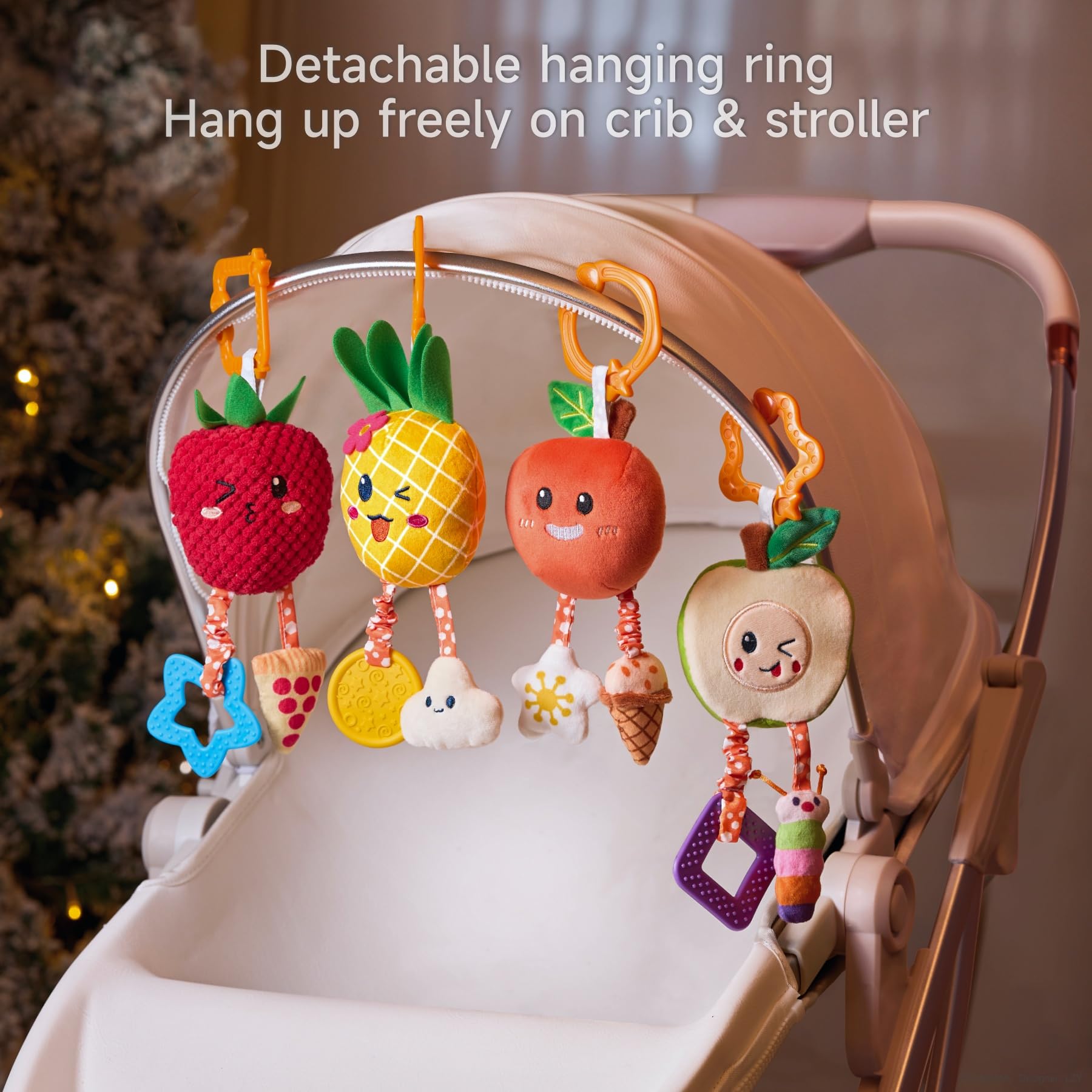 OR OR TU Giochi Neonato 0 3 6 9 Mesi Sonaglio Neonato con Campana Teether 4 pezzi Peluche Frutta Baby Giochi Sensoriali Auto Culla Passeggino Giocattolo per Regalo Neonata