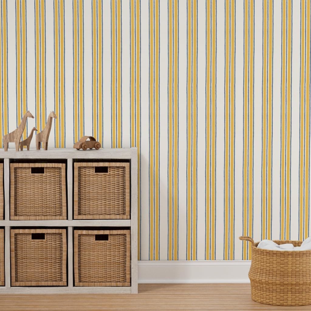 Peel & Stick Wallpaper 3ft x 2ft - Ticking Stripe Traditional Classic Timeless Blue Yellow Cream Custom Removable Wallpaper by Spoonflower