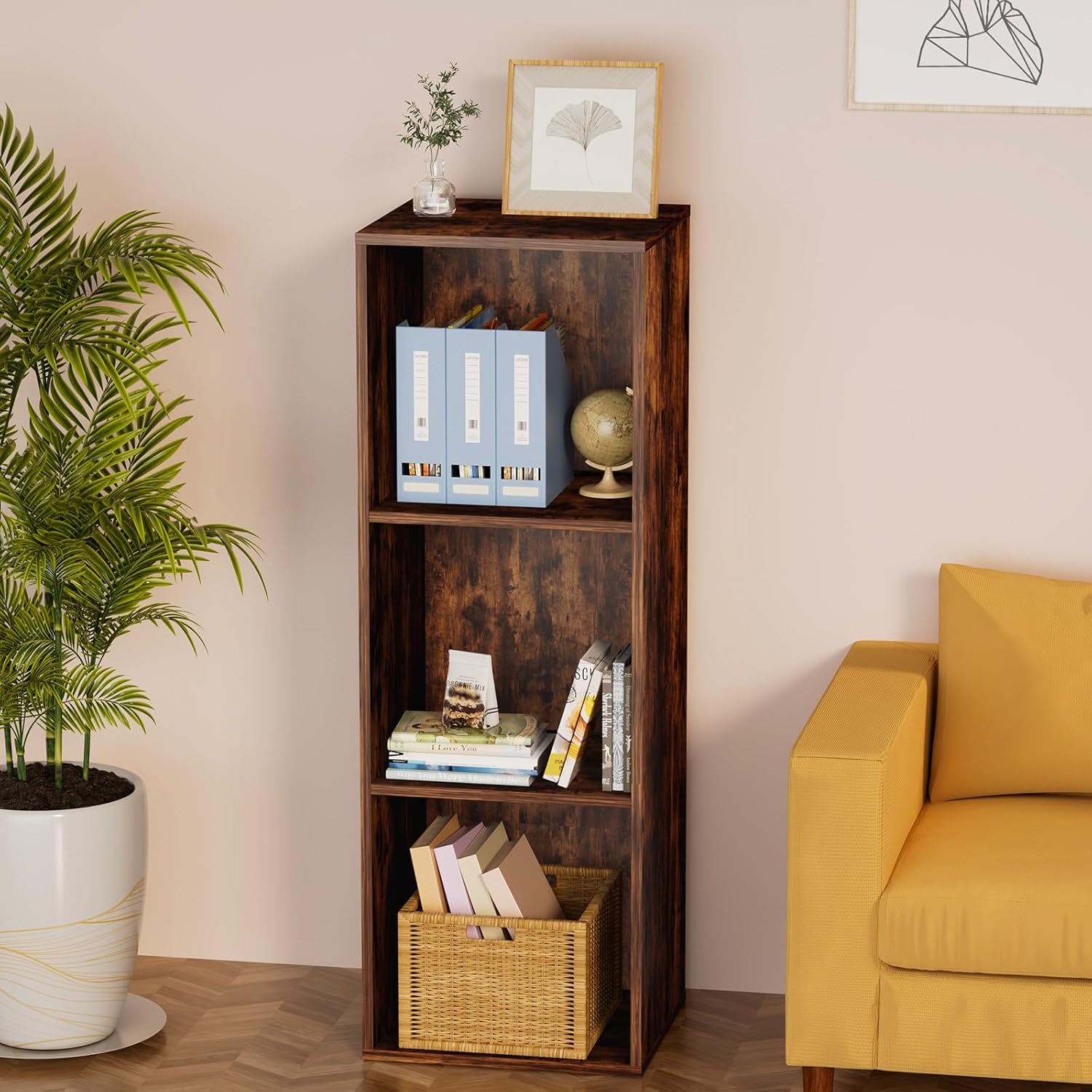 3 Tier Bookshelf, Narrow Bookcase for Small Spaces, Wooden Book Case Bookshelves Storage Organizer for Bedroom Living Room Home Office (Retro Brown, 3 Cube)