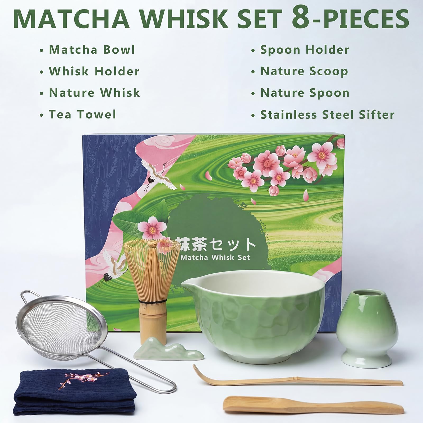 Matcha Kit 8 piezas, Kit Té Matcha Completo Con Cuenco Matcha, Batidor Matcha, Soporte para Batidor, Cuchara, Tamiz, Paño, Kit de Té Matcha Artesanal para Amantes el Matcha, Verde