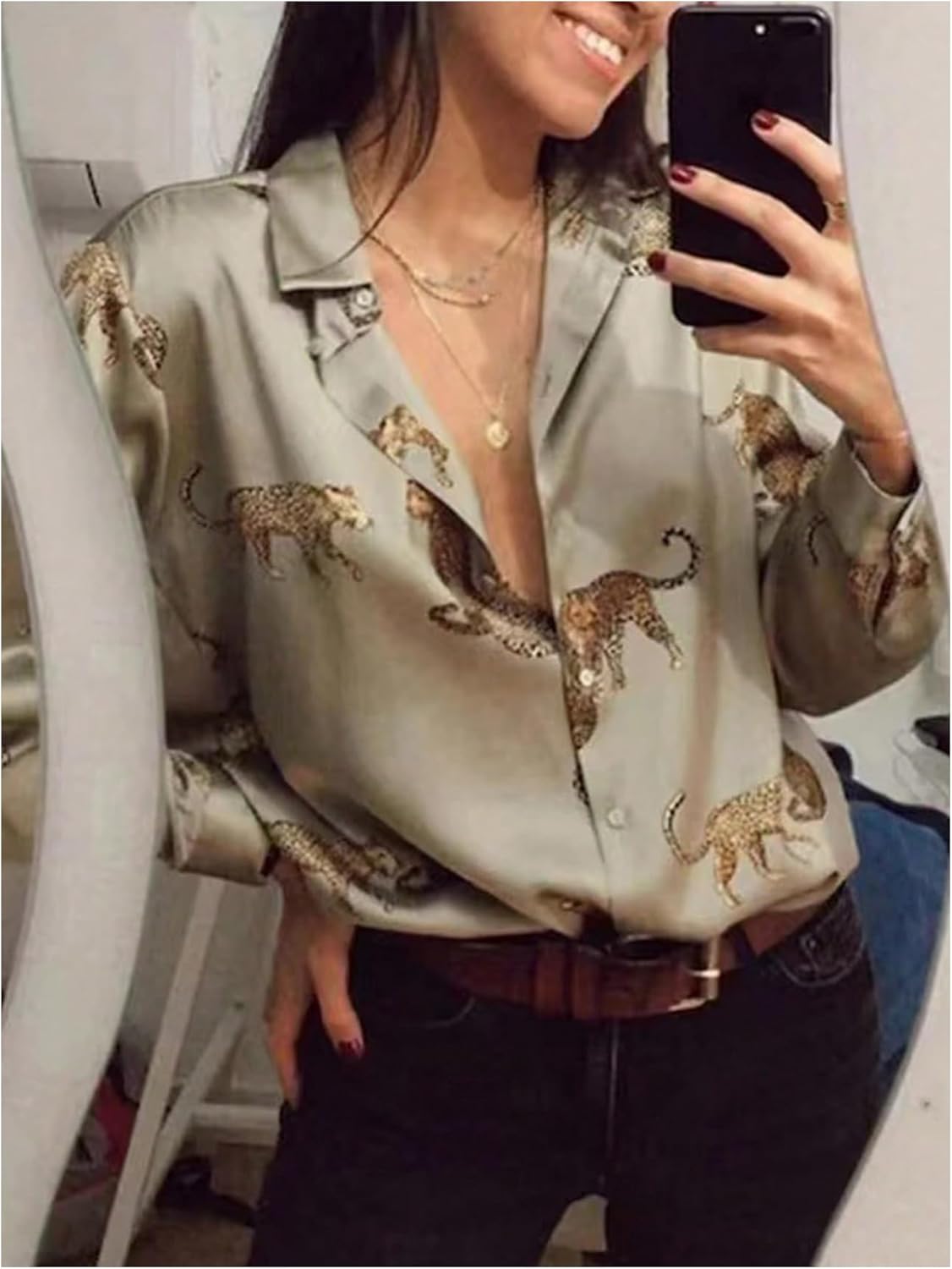 WDIRARA Women's Leopard Button Down Satin Shirt Long Sleeve Dressy Blouse Top - Image 2