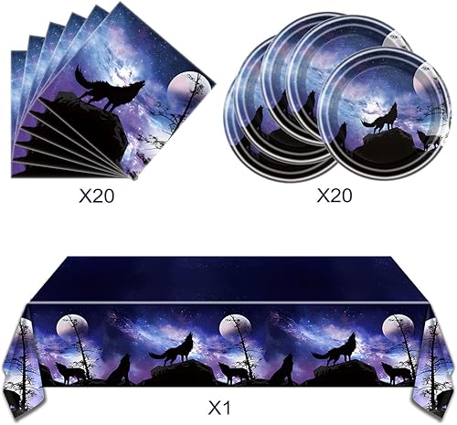 Miniatura 3 de Juego de vajilla para fiesta de cumpleaños de lobo, 20 platos y 20 servilletas y mantel de 86 x 51 pulgadas, suministros de decoración de fiesta de