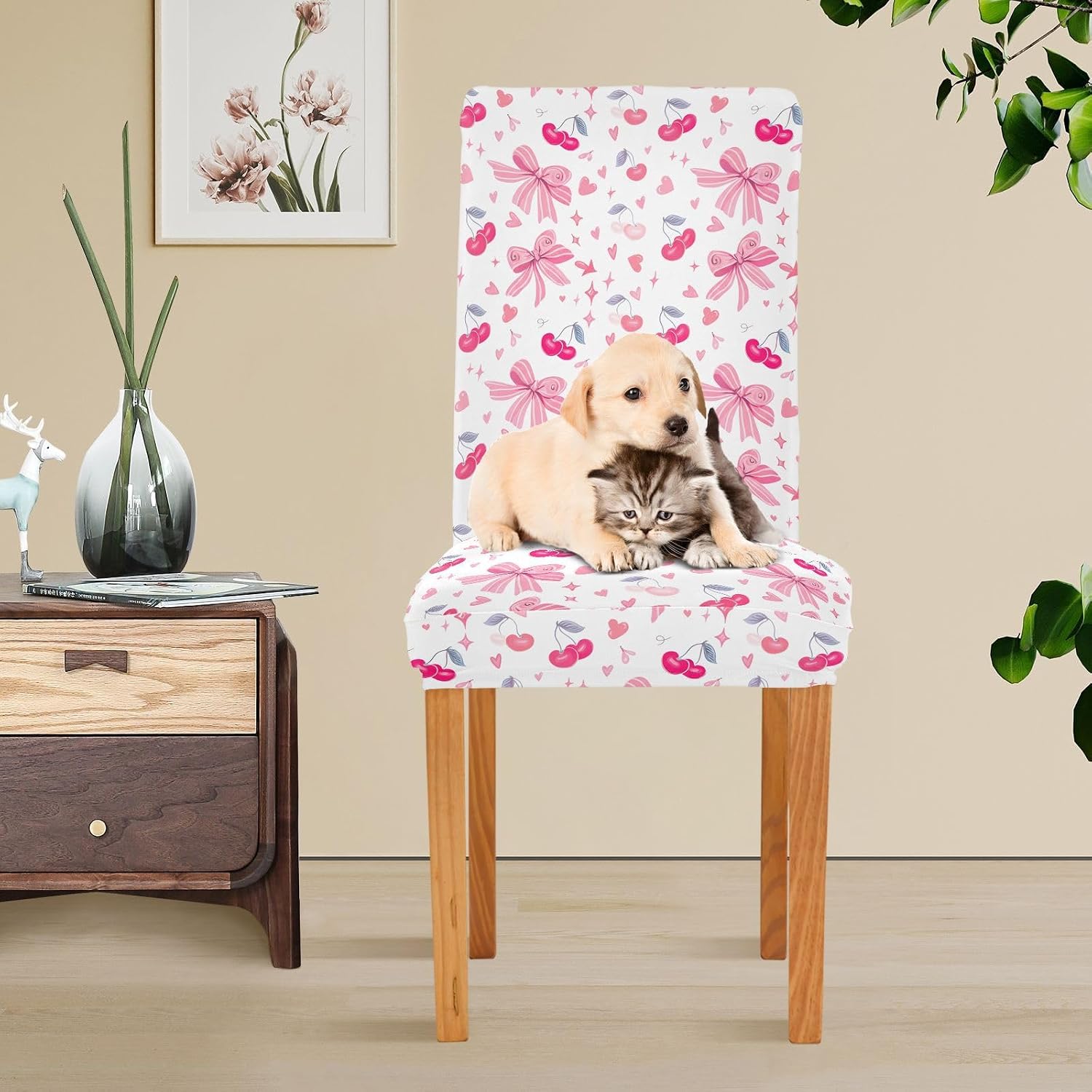 Chair Covers for Dining Cherry and Bow Stretch Chair Cover Kitchen Slipcovers Washable Seat Protector Set of 4