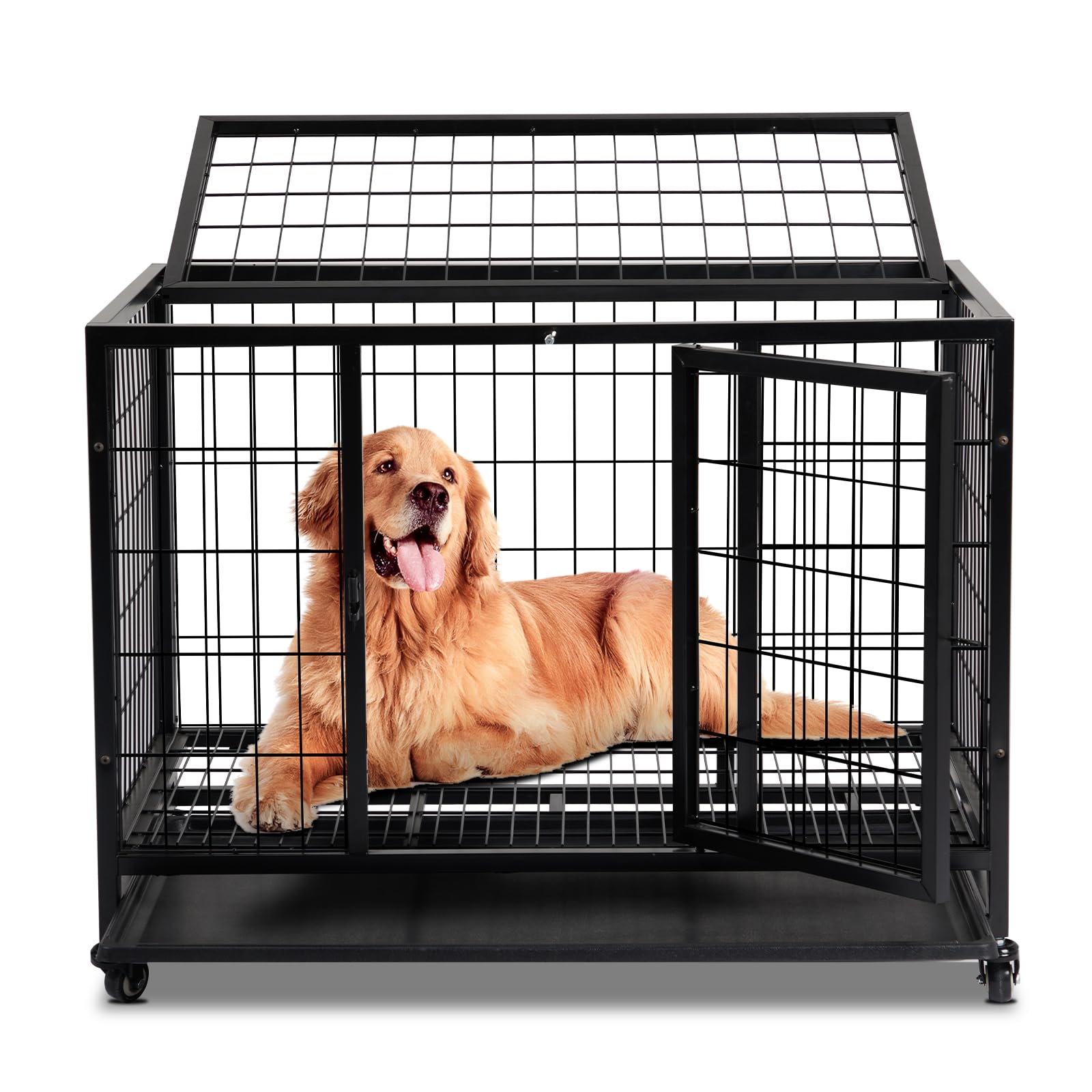 LEADZM Cage pour Chien XL 91x62x70cm – Chenil avec 2 Portes & Roues Verrouillables 360° – Bac en Plastique Amovible et Structure Métal Renforcé Noir