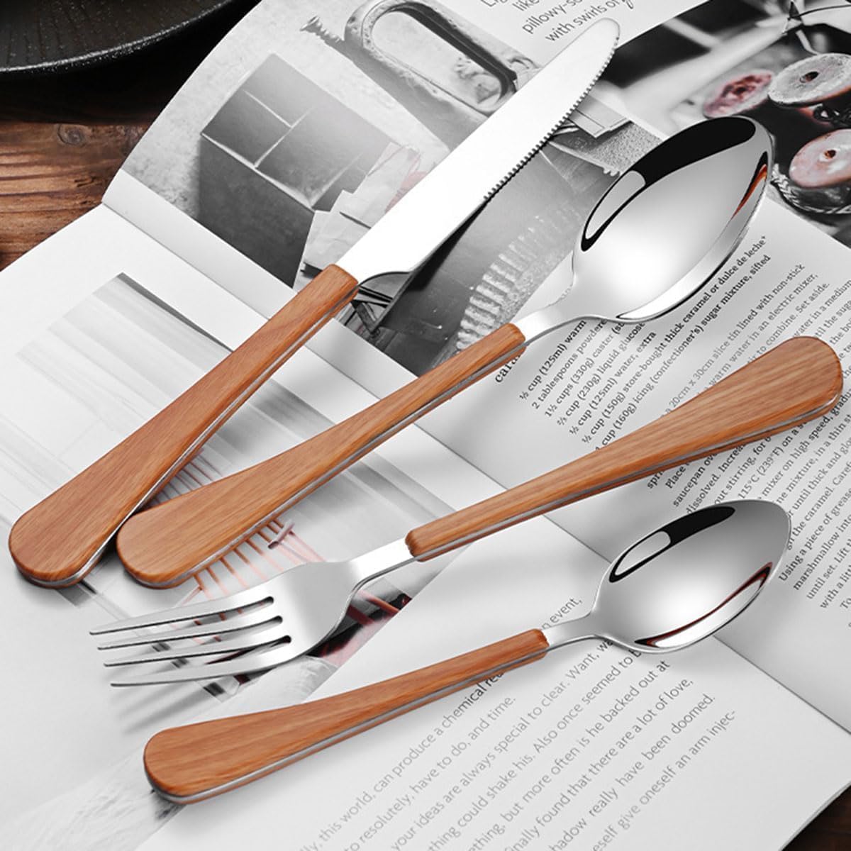 Este Juego de Cubiertos con Mango de Madera de 10 Piezas de Acero Inoxidable Incluye Cuchillos de Mesa, Tenedores, cucharas y cucharillas de té para el hogar, la Cocina y restaurantes, Color