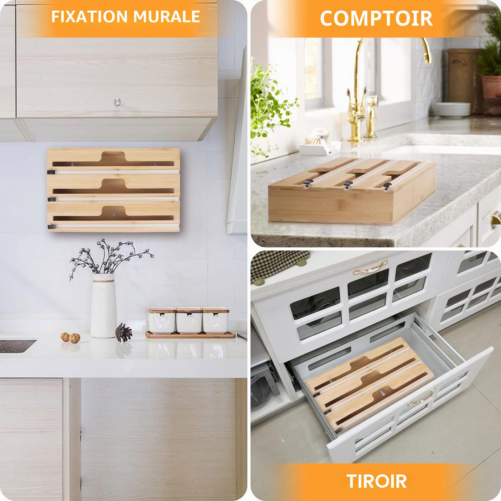 Distributeur Papier Aluminium et Film Coupe-Capsule pour Tiroir de Cuisine, Compatible avec Rouleaux de 12", Organisateur d'emballage de Cuisine en Bambou, Durable et Respectueux de l'environnement