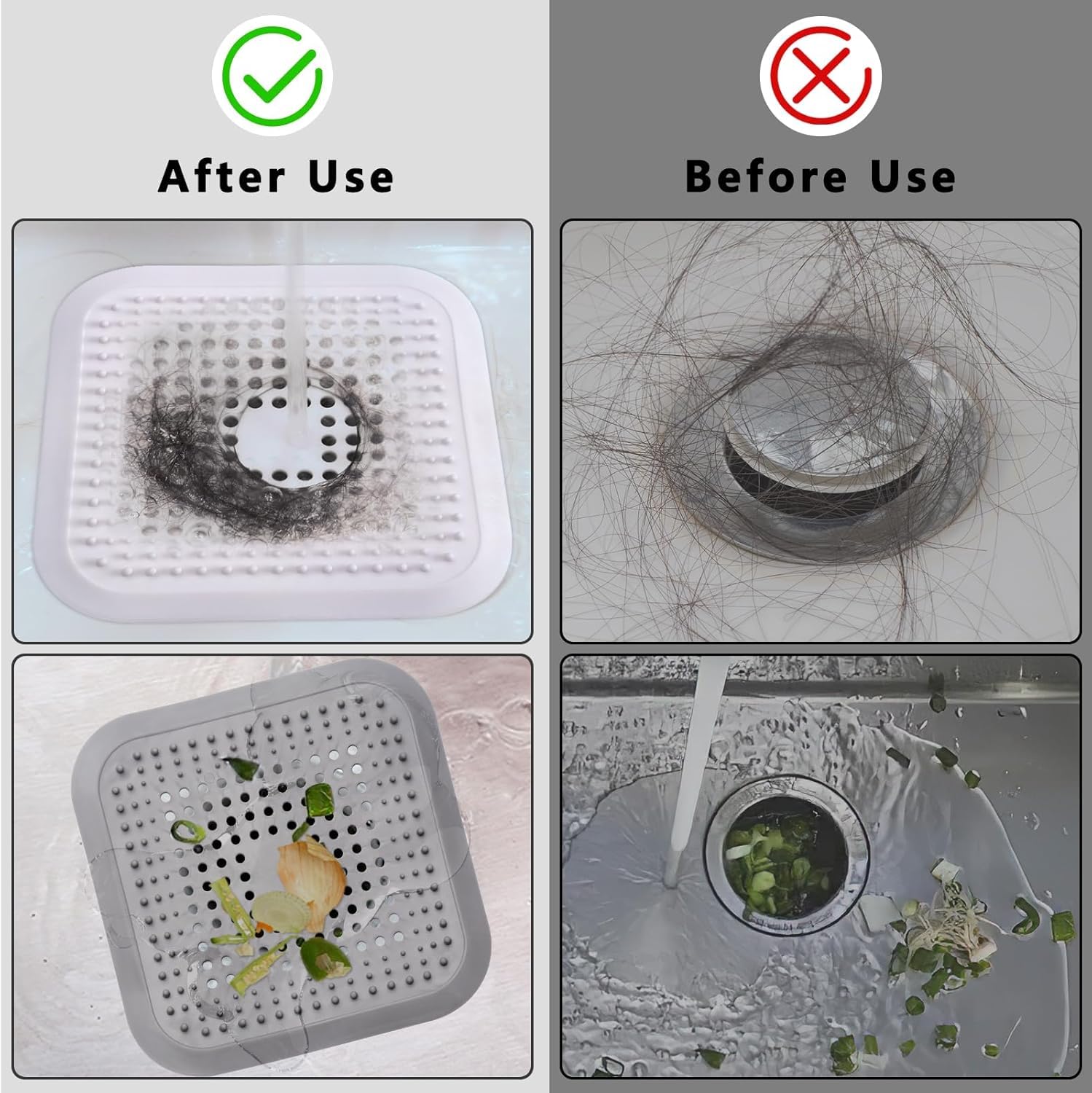 Alyvisun 2Pcs Silicona Atrapa Pelos Ducha con Ventosa, Filtro de Cabello Protector de Drenaje Plegable, Coladores de Desagüe de Fregadero para Baño, Bañera, Ccocina (Gris Claro + Blanco Marfil)