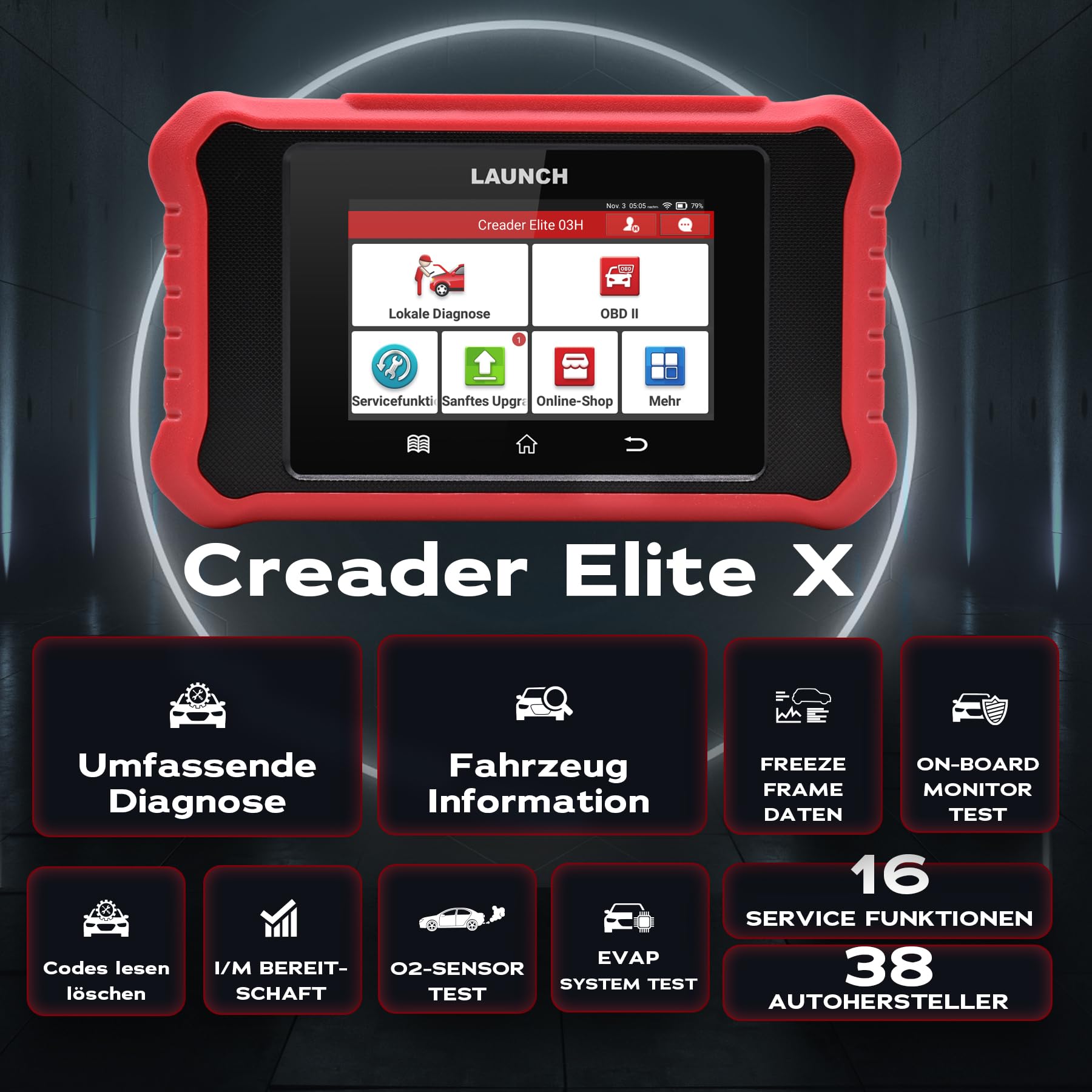 LAUNCH Creader Elite X OBD2 Diagnosegerät, DoIP & CAN FD (mit Adapter), Alle Systeme & 16 Service Funktionen für 1 Marke, Aktuatortests, Codierung, AutoVIN,11 Sprachen, Diagnosebericht,Creader Elite X