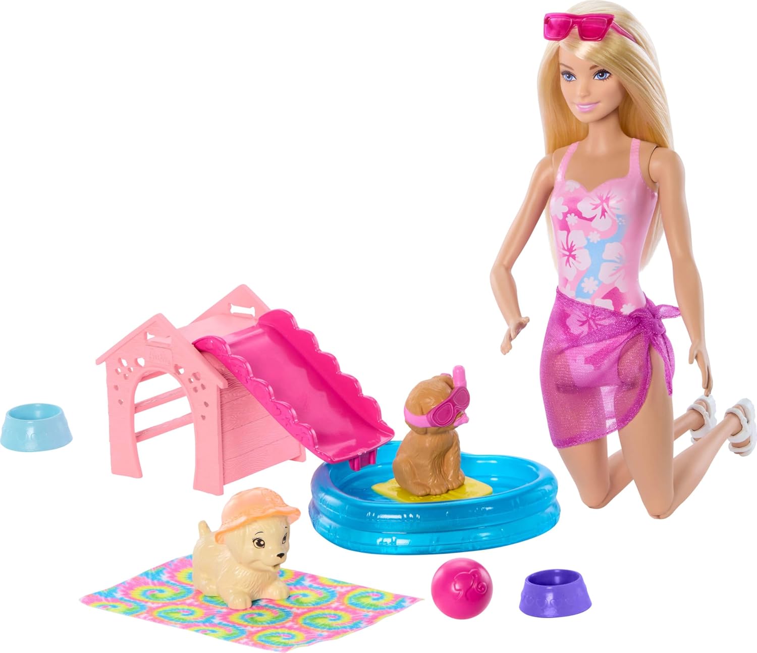 Barbie Köpekçikle Havuz Partisi oyun seti, kaydıraklı köpek kulübesi, kalp şeklinde havuz, 2 köpek figürü ve 6 aksesuarla renk değişimi özellikli, JBF35