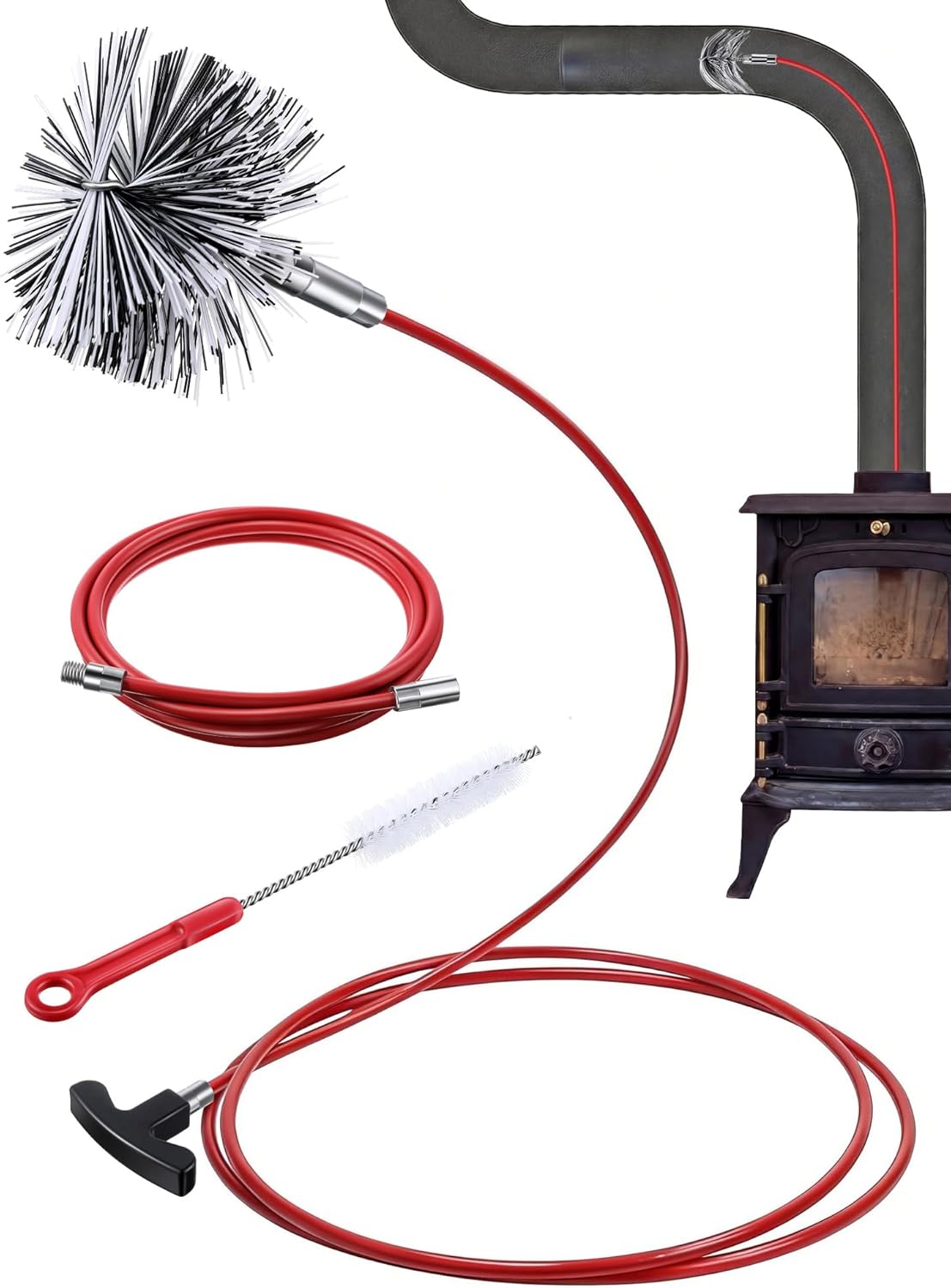Feekoon Pellet Stove Cleaning Kit, 20 FT Flexible Steel Rod with 4" Brush Head, Flue Detail Cleaner, Pellet Stove Accessories for Vent Pipes Cleaning - Reduce Buildup & Improve Airflow