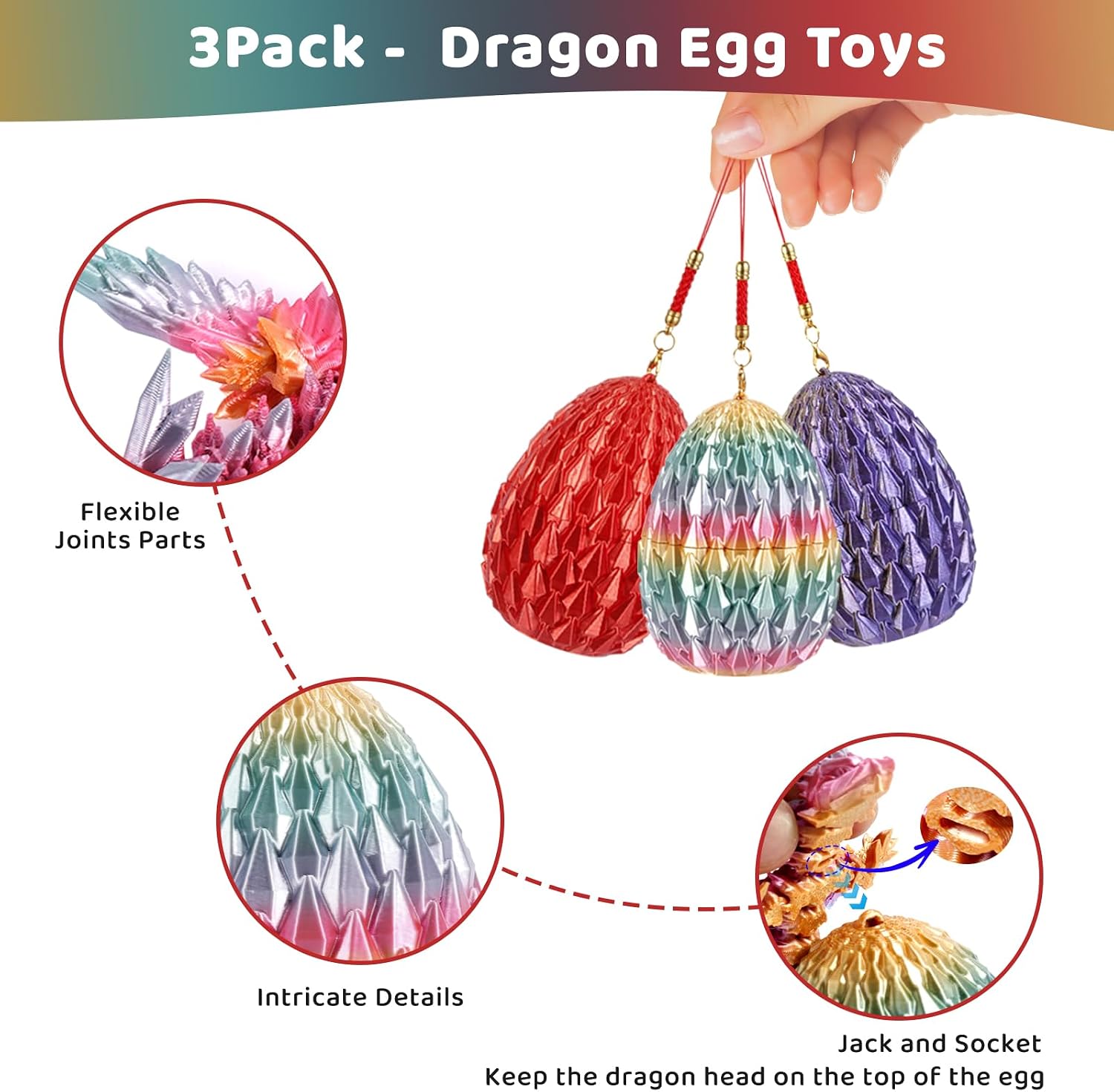 3PCS 3D Printed Dragon Egg with Crystal Dragon - Articulated Fidget Toys for Executive Home Office Decor Suprprise eggs, Easter Basket Stuffer, stocking stuffers - Gifts for Gamers, D&D Fans (Style-2)