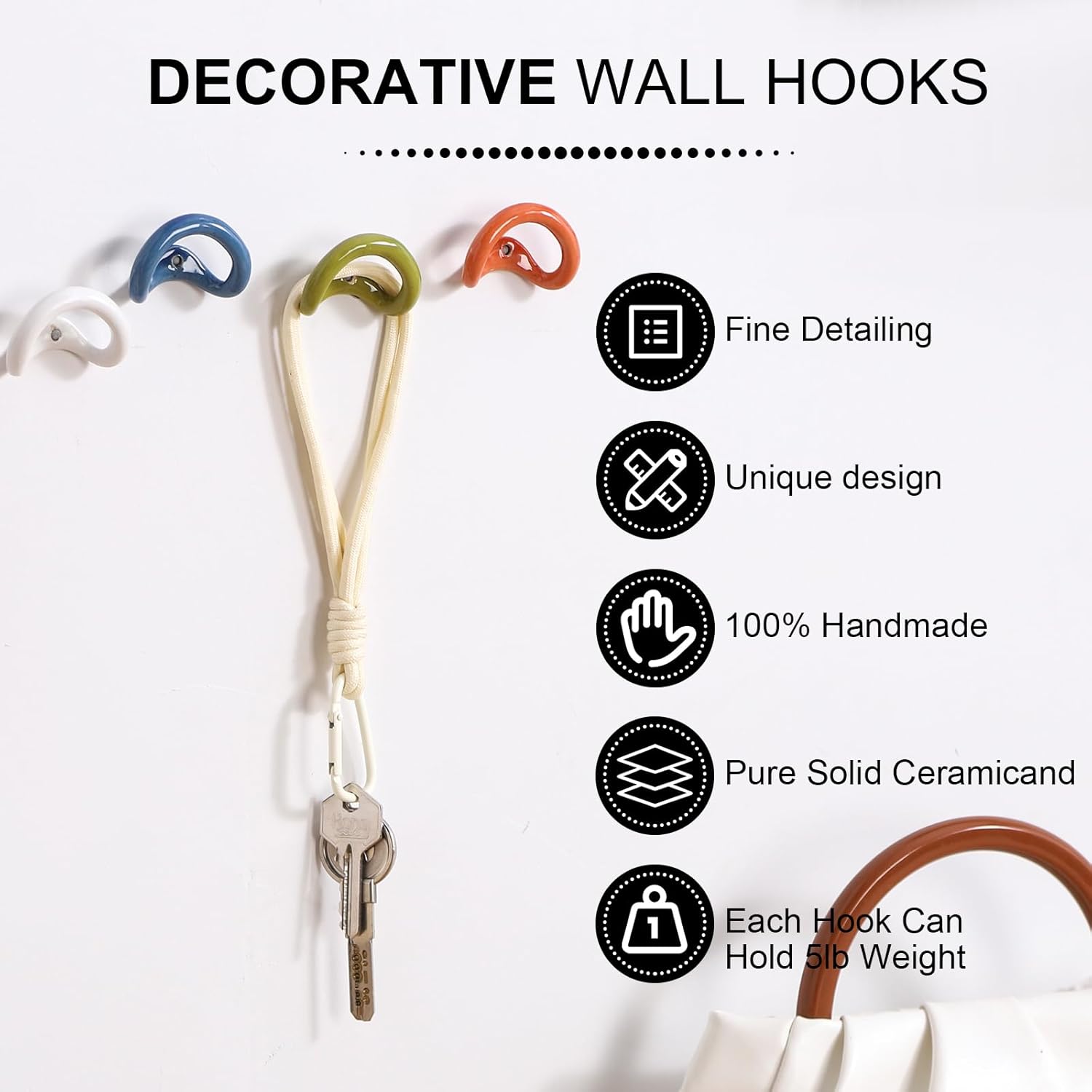 Cute Decorative Hooks for Wall. Ceramic Boho Decorative Hooks for Hanging Things Suitable for bathrooms Towel Coat Key Purse Clothes 4 pcs.