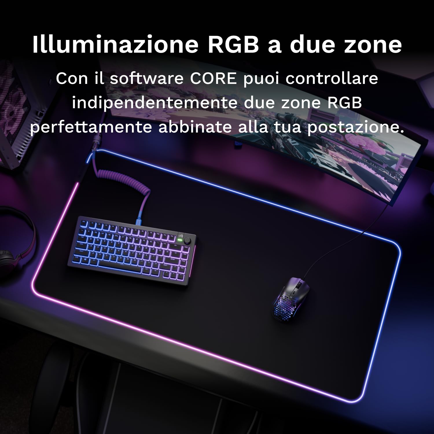 Glorious Gaming Tappetino Mouse GMP 2 GLED XL – 2 zone RGB, bordo InfiniGlow senza cuciture, superficie tessuto premium, base gomma antiscivolo, optima­le per gaming – 465 mm×355 mm×3 mm – Desk mat