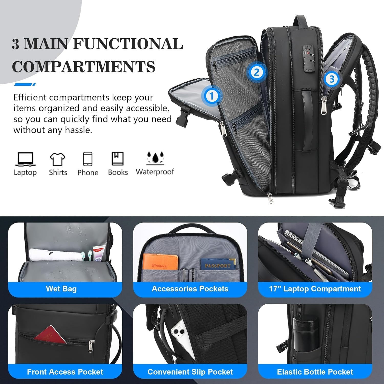 Vacuum Backpack Travel, Vacuum Seal Compression Travel Backpack with Pump, Laptop Compartment, 60L Expandable Water Resistant Business Carry-On Backpack, Black