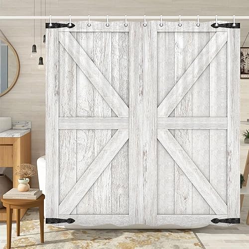 Vista 17 de Cortina de ducha rústica de madera estilo granero, 60 x 70 pulgadas, color beige