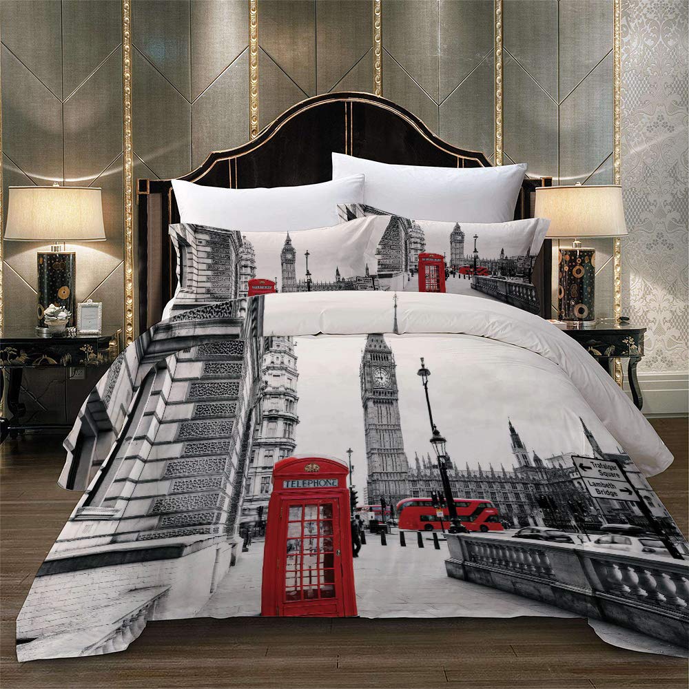 Loussiesd London Telephone Booth Duvet Cover Set King with 2 Pillow Shams,Famous City 3D Print Bedding Sets with Zipper Closure,Soft Comforter Microfiber Modern Quilt Cover Set 3PCs(220x240cm) - Image 2