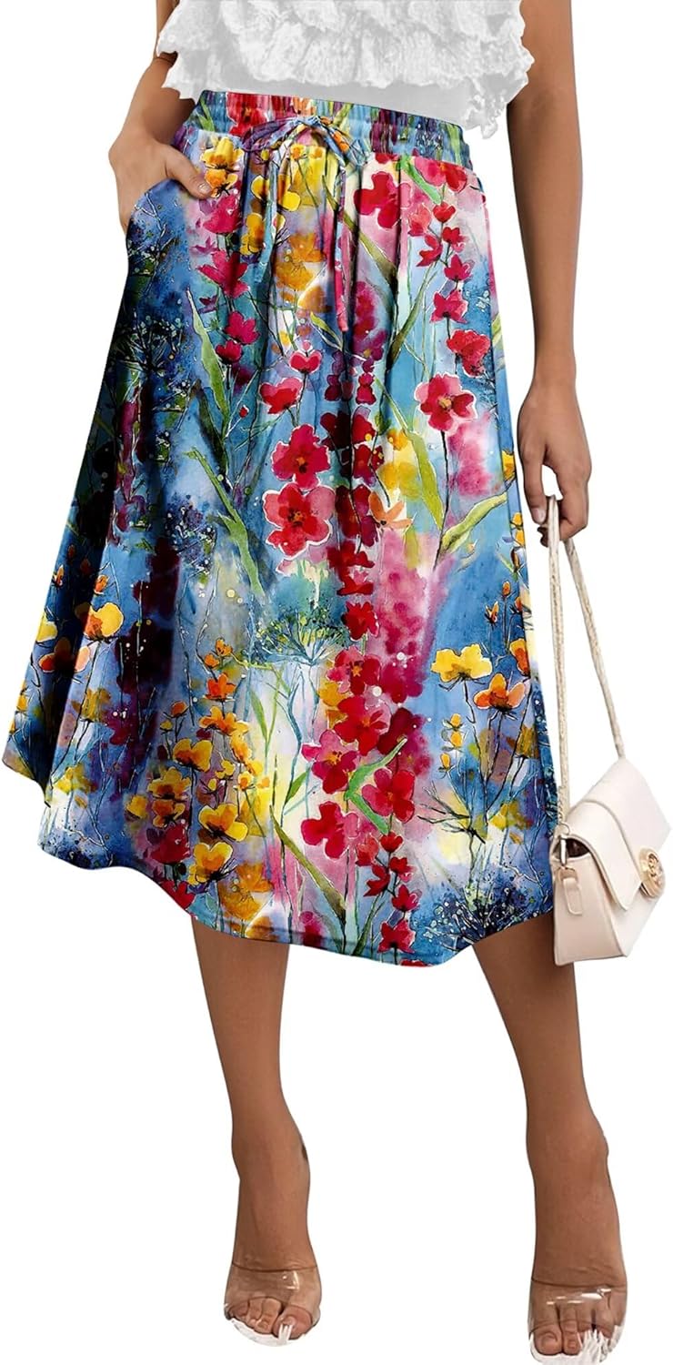 Angerella Womens Skirt Midi High Waist A-Line Casual Floral Print Trendy Bohemia Work Elegant with Pockets
