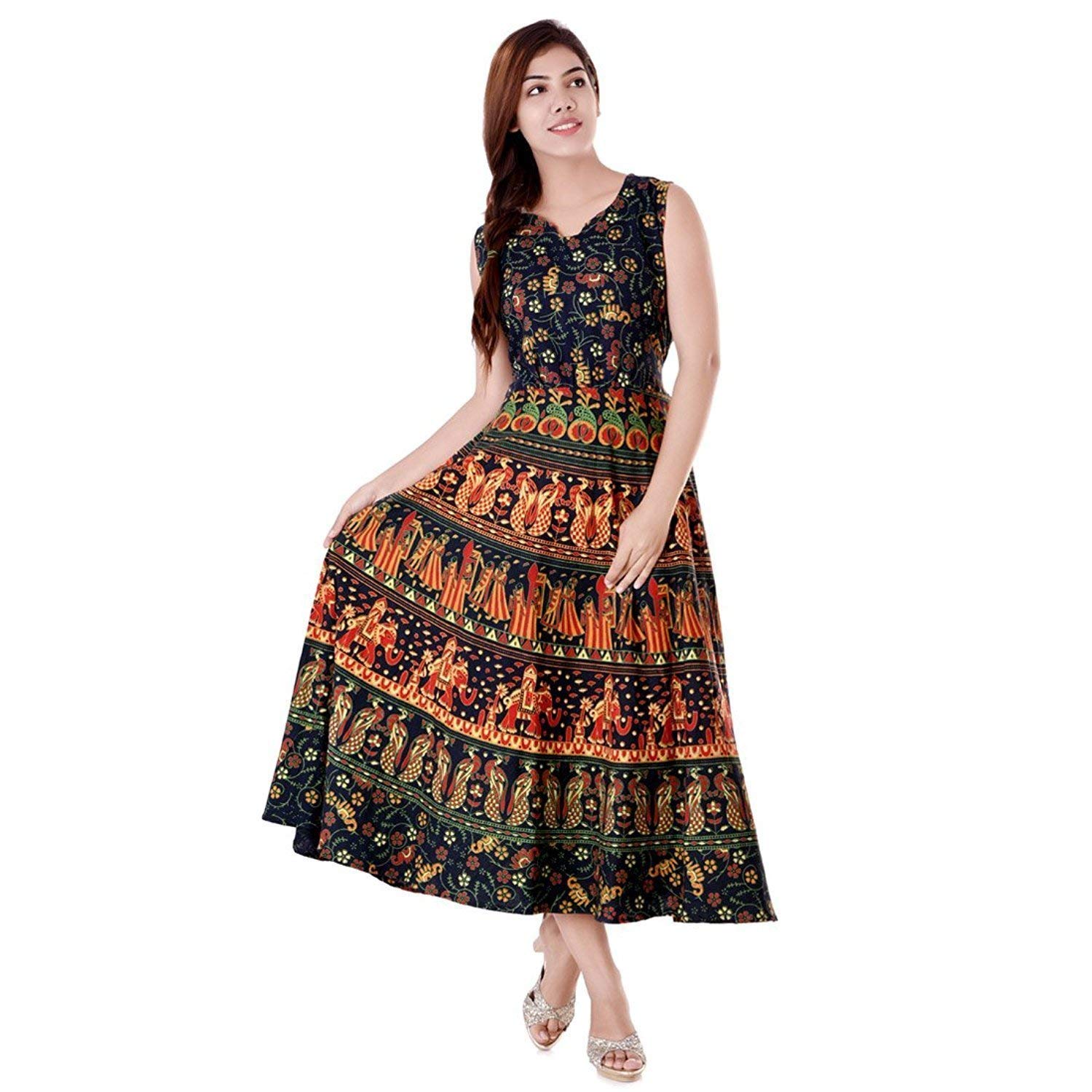 Midi Maxi Dress Cotton Rajasthani Jaipuri Printed Ankle Length Flared Round Neck Short Sleeve Maternity Gown-image-15