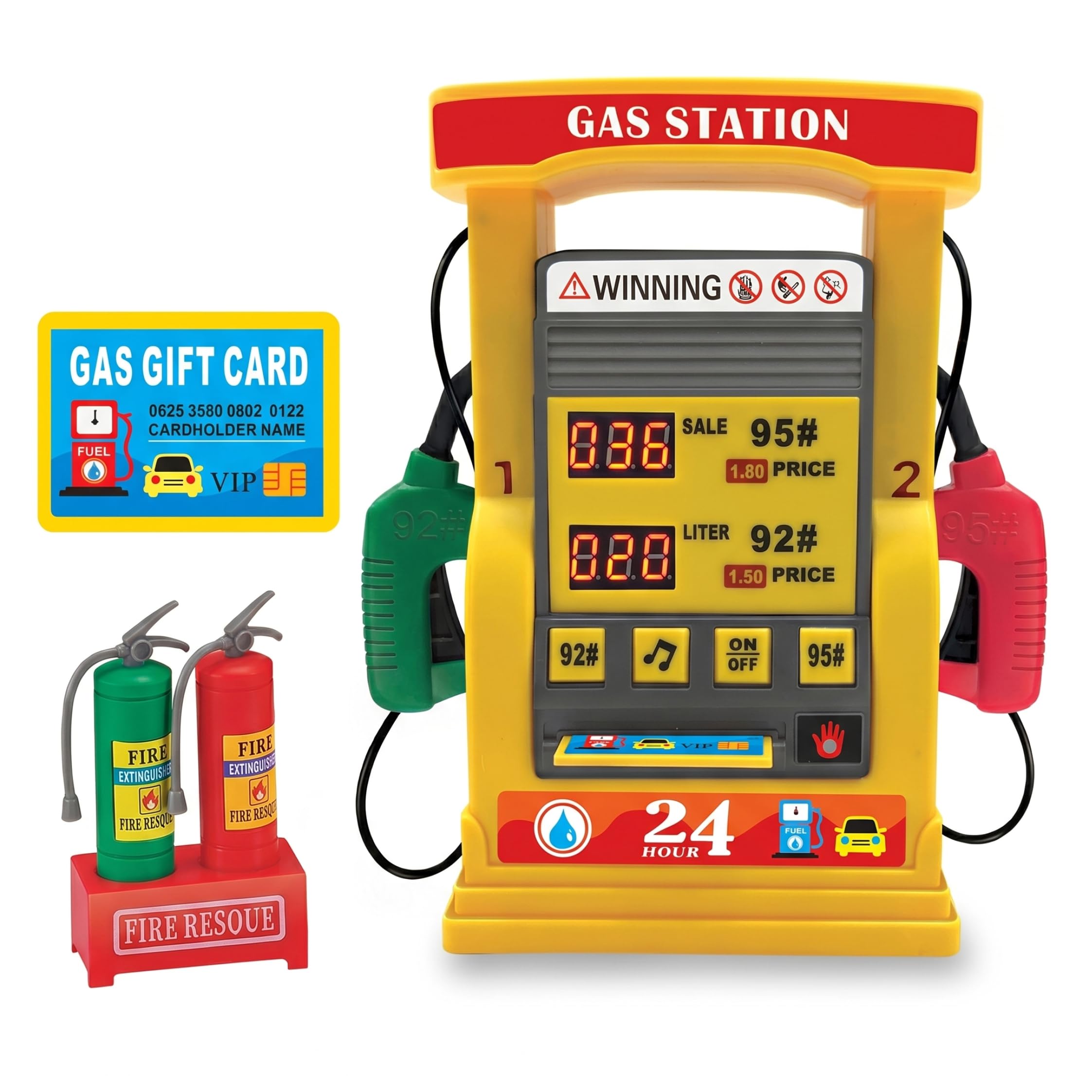 Ginwrek Gas Station Toy Kids Gas Pump, Interactive Station Dual Nozzle Educational Fun Pretend Play Toy with Digital Displays & Sound for Girls Boys, Yellow