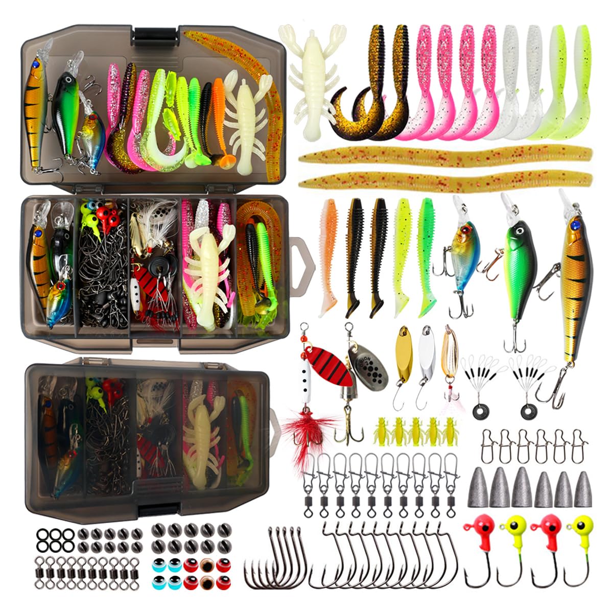 FOLANDO 120PCS Fishing Lure Kit with Mixed Hooks, Spinners, Soft and Plastic Worms, Bait, Weights Accessories for Freshwater Saltwater