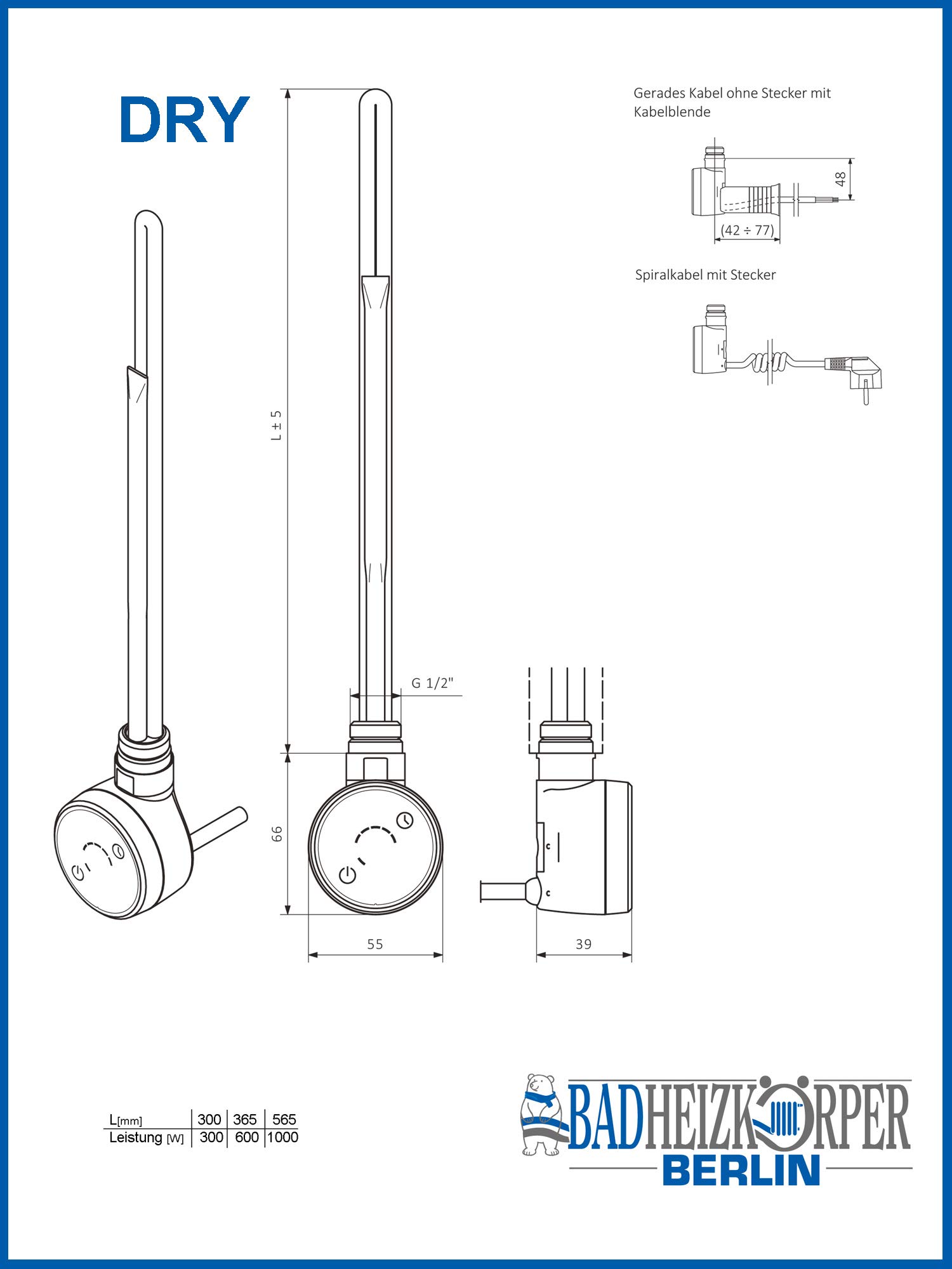Termostat grzałkowy, wkład grzejny, model DRY 1000 W (czarny)
