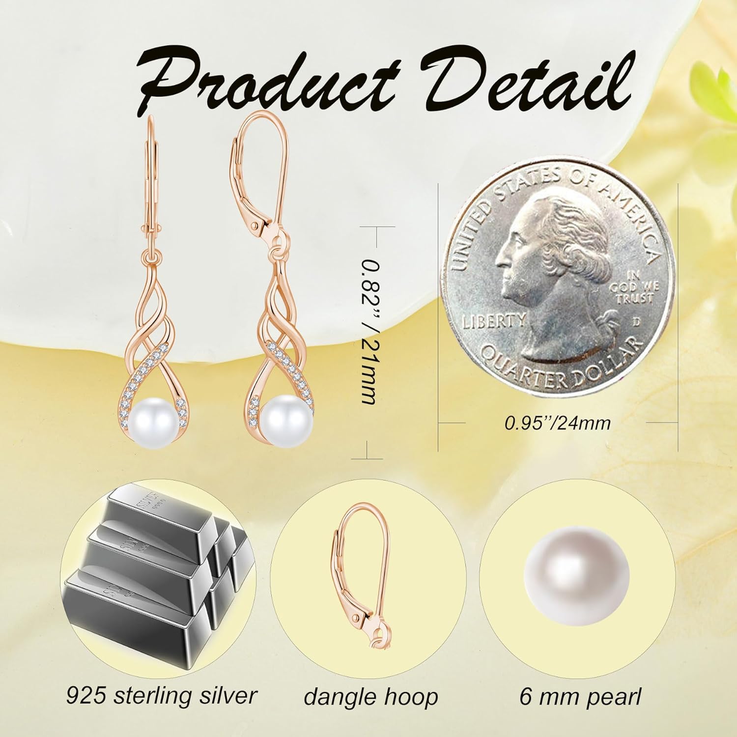 Pearl Dangle Drop Earrings for Women 925 Sterling Silver Infinity Leverback Earrings with Cubic Zirconia Jewelry - Image 6