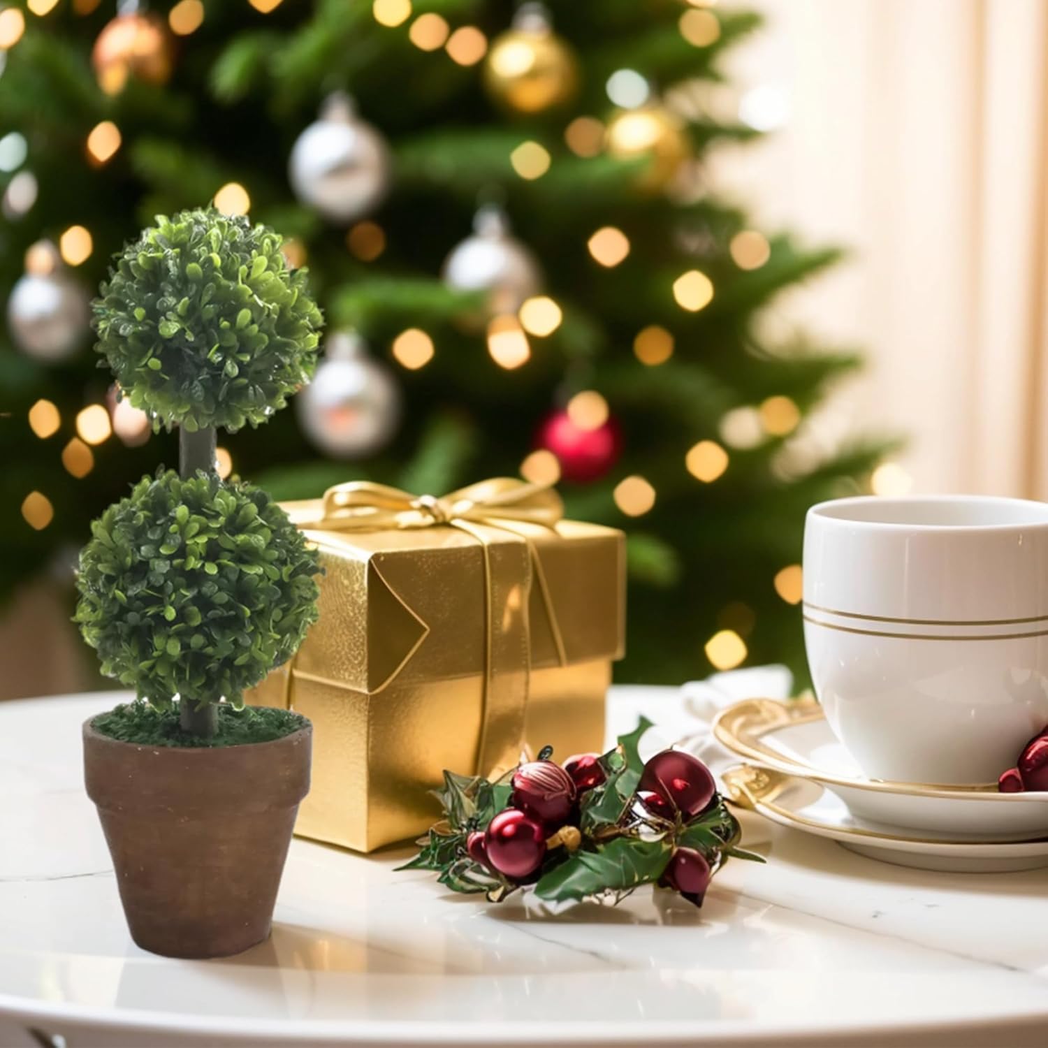 Small Fake Potted Plant Decor: 3 Pack Artificial Topiary Shrubs Decorative Plant Indoor Outdoor, 8.27" Plastic Tall Fake Plants for Home Kitchen Living Room Shelf Desk Greenery Decor