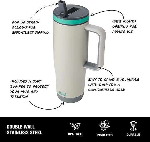 Miniatura 2 de BUILT Vaso cascada de acero inoxidable de doble pared de 40 onzas con tapa abatible con popote y asa, vaso caliente o frío, azul pacífico