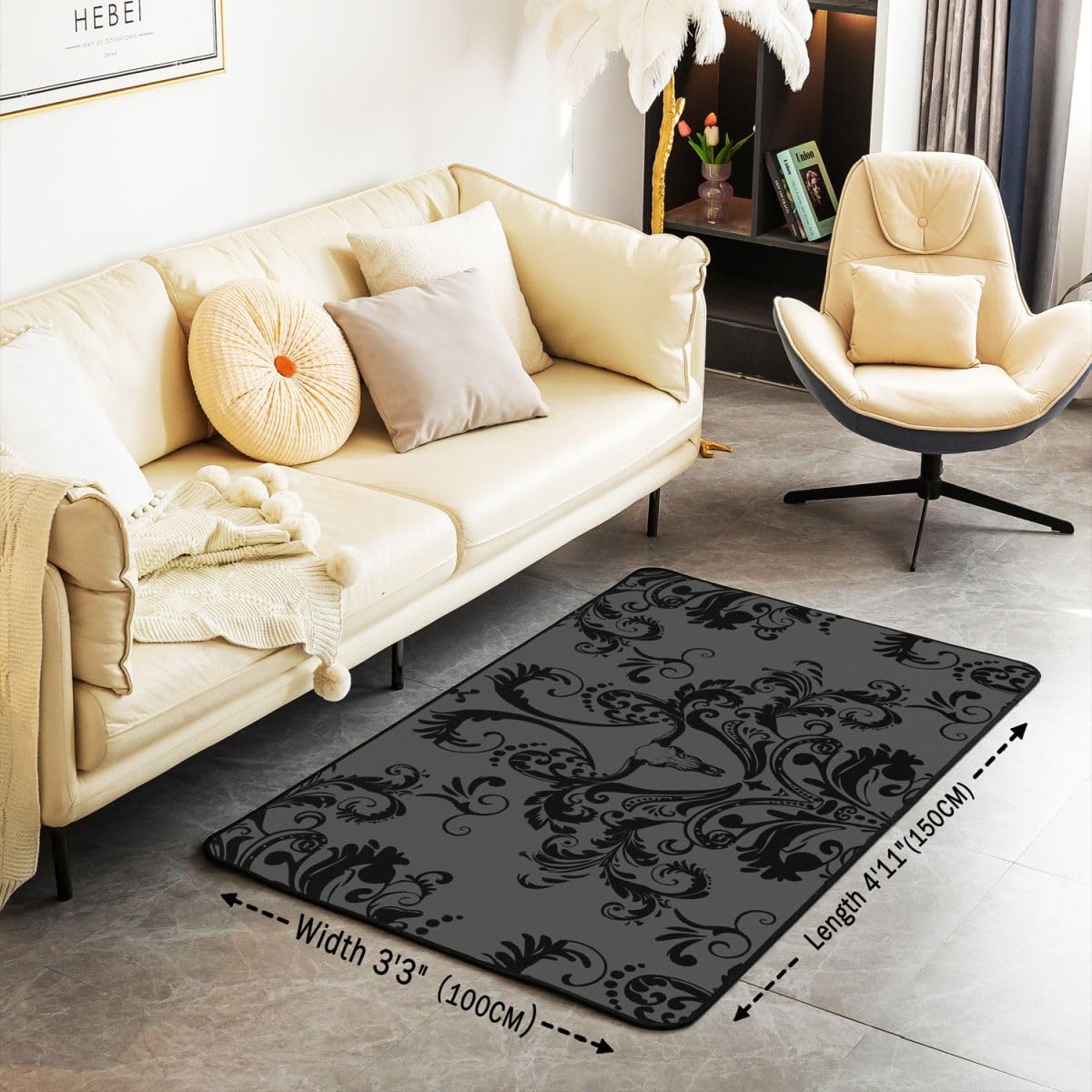 Homewish Szary adamaszek dywanik 100 x 150 cm - byk krowa czaszka gotycki dywan do salonu vintage boho kwiatowy nie gubi włosia dywan antyczny wiktoriański duży dywan wystrój pokoju estetyczny