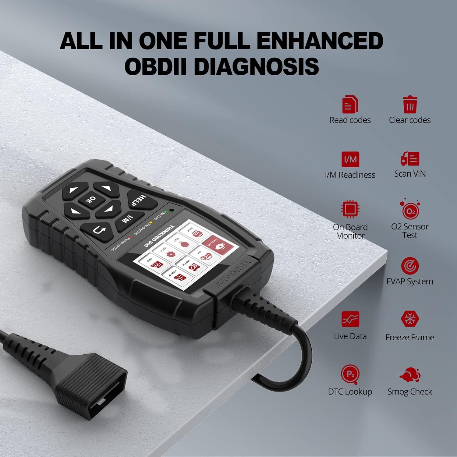 Thinkcar THINKOBD 500 displaying various OBDII diagnostic functions