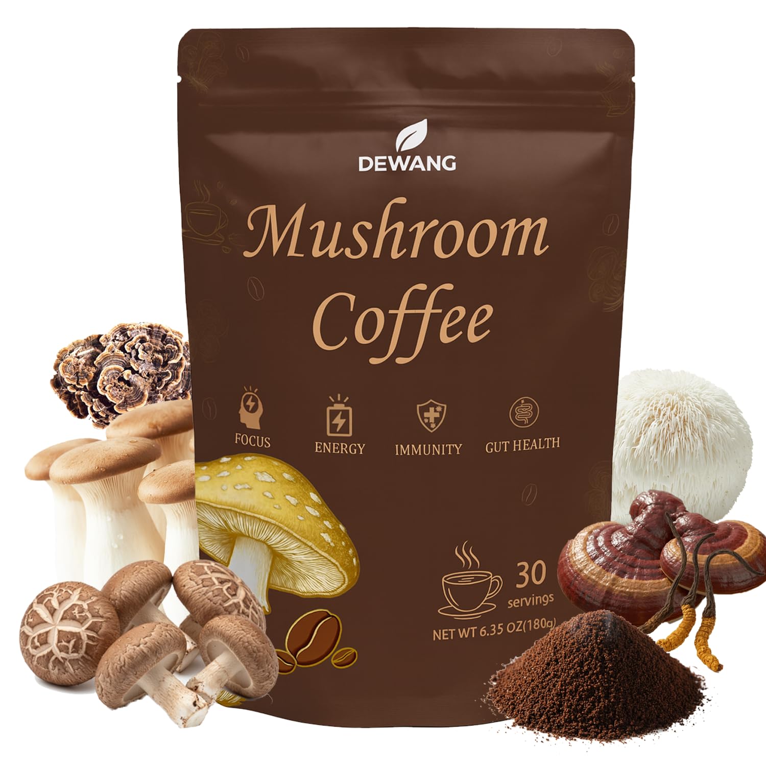 Mushroom Coffee 6 Mushroom Instant Blend with Lion’s Mane, Cordyceps, Reishi, King Trumpet, Shiitake & Turkey Tail – Supports Energy, Focus, Mood & Immune System – 30 Servings