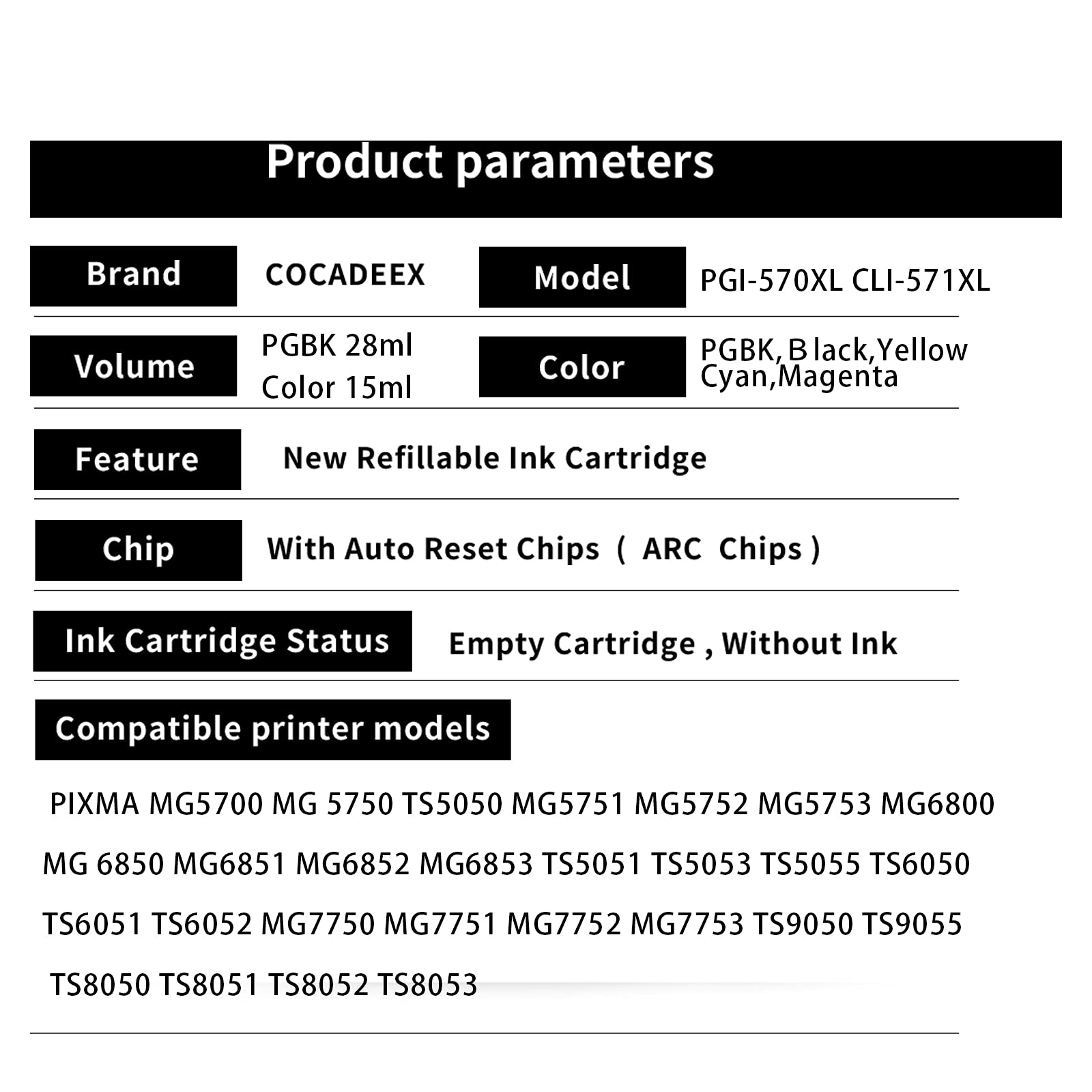 Cocadeex - Inchiostro Vuoto Ricaricabile Compatibile Con Canon PGI-570XL CLI-571XL, Per Pixma