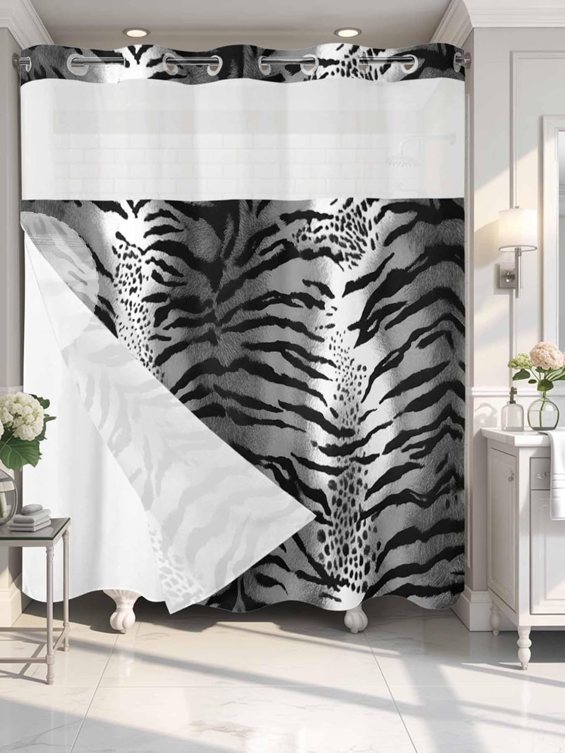 Prime Leader Black and White Leopard No Hook Shower Curtain with Snap in Liner Abstract Vintage Animal Prints Shower Curtain for Bathroom, Fabric Waterproof Inner Liner with Mesh Top Window, 72x72