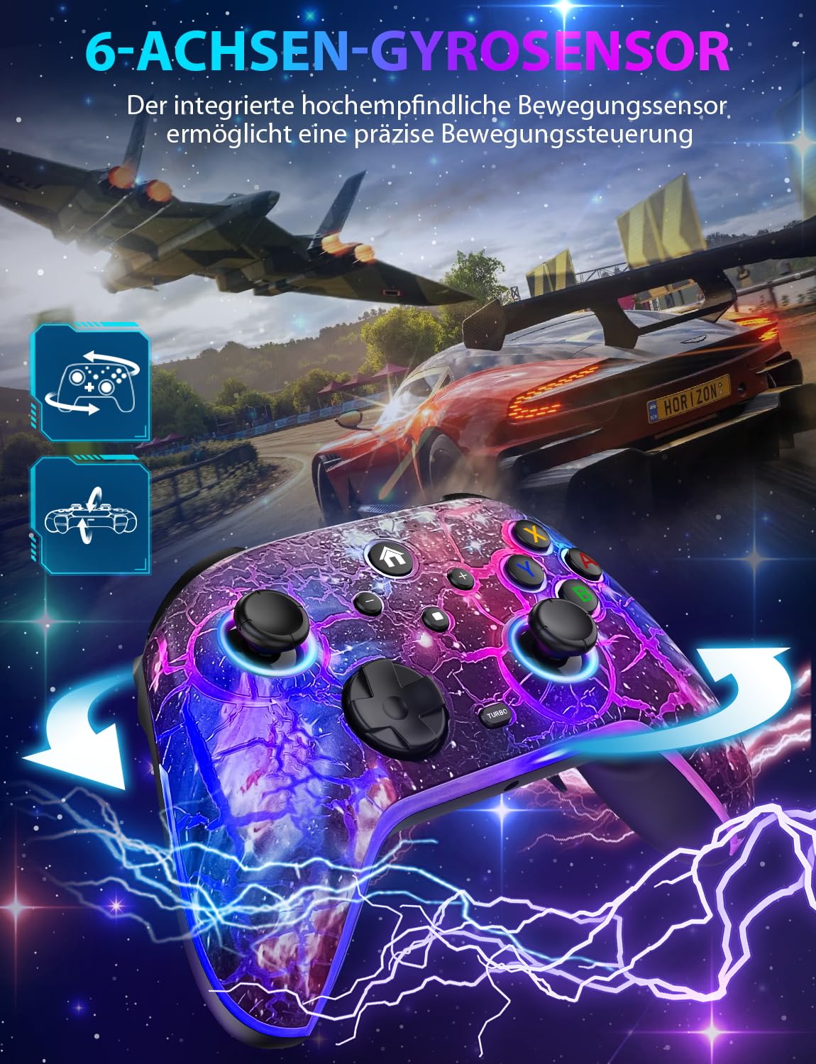 Switch Pro Controller für Nitendo Switch/Oled/Lite/Switch 2 - 1200 mAh Wiederaufladbar Wireless Switch Controllers mit 9 RGB Licht, Programmierbar, Wake Up Funktion, Turbo, Vibration - Sternenhimmel