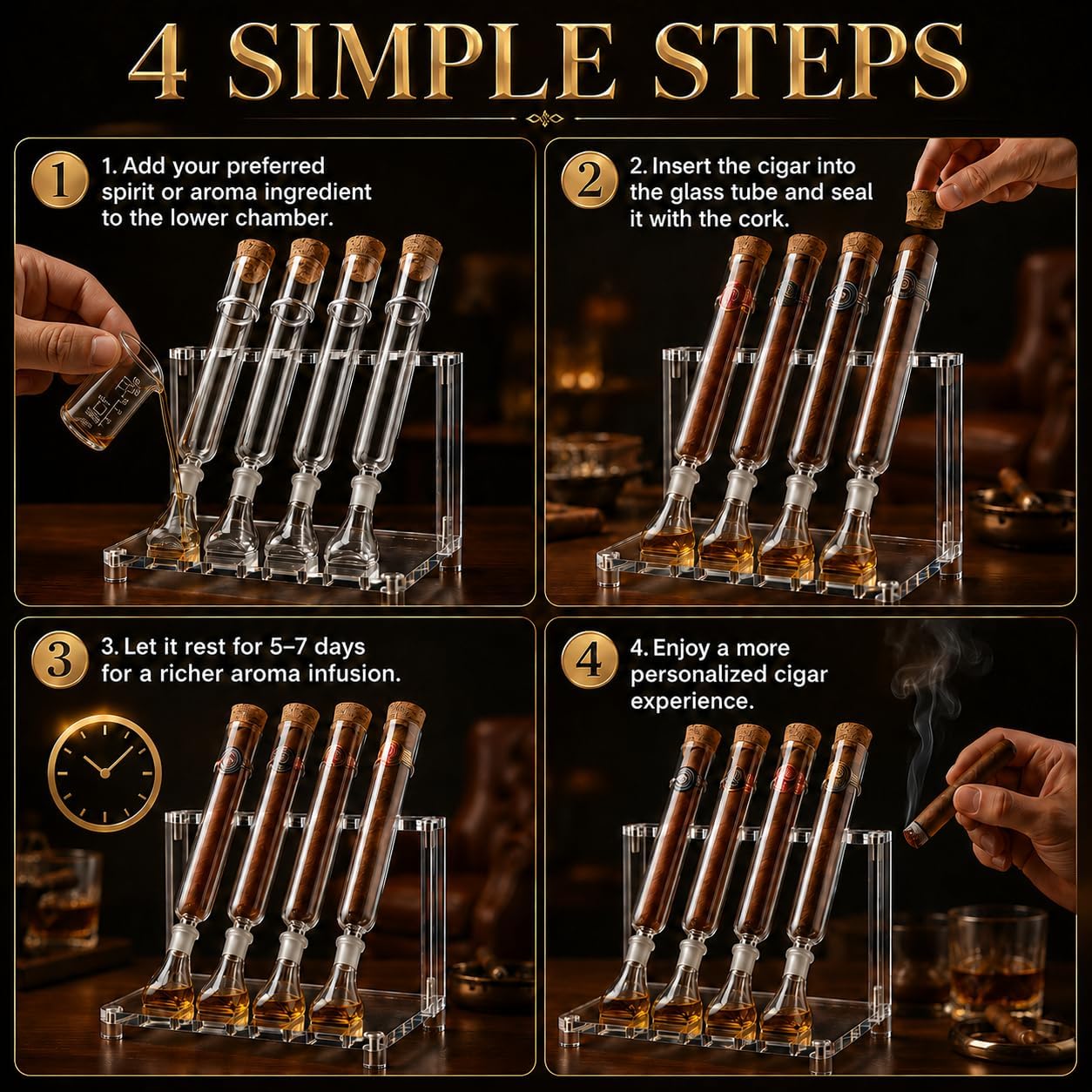 Cigar Flavoring Humidor Set for 4 Cigars, Glass Tubes, Acrylic Stand